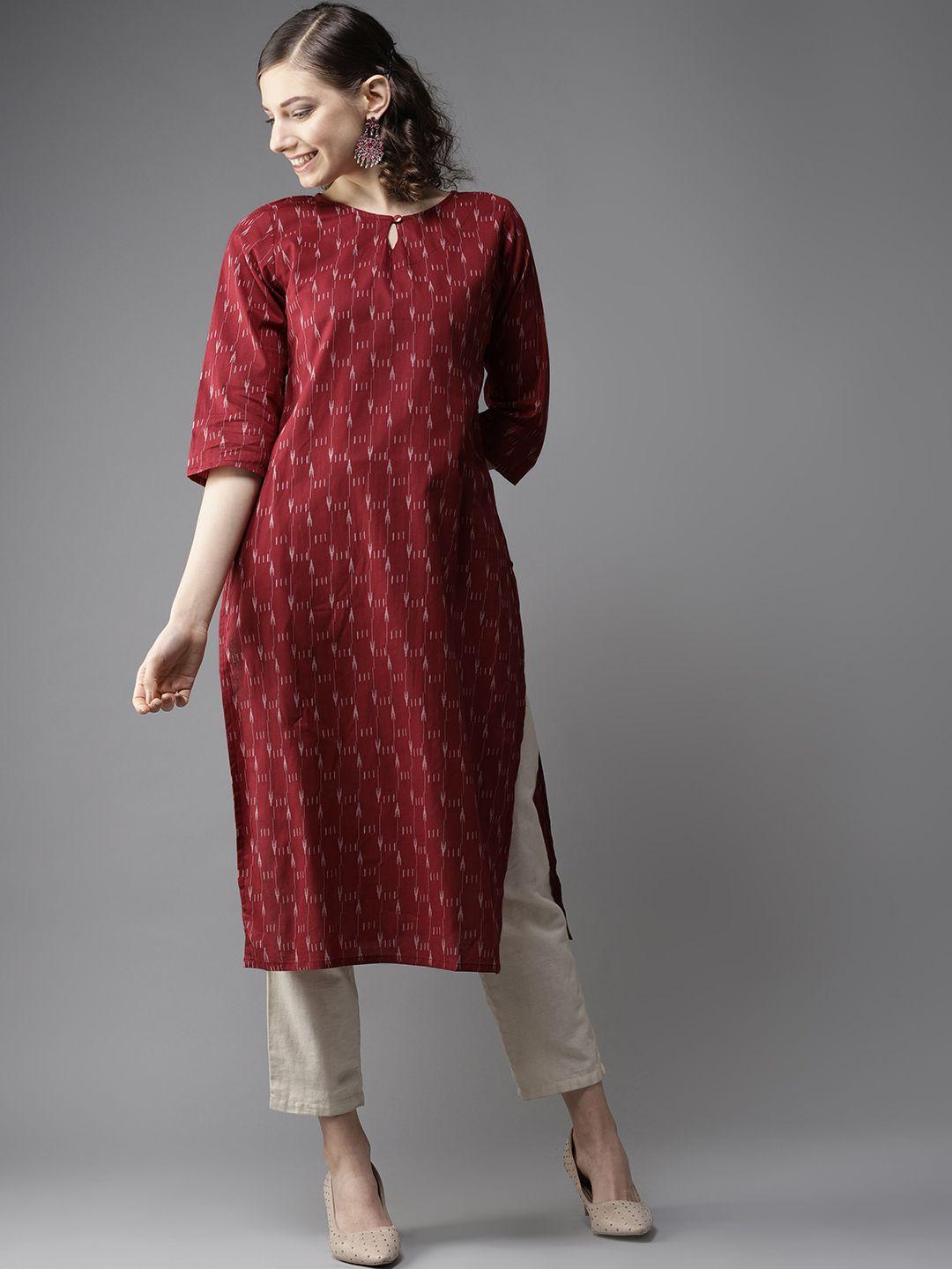 here&now women maroon & off-white printed straight kurta