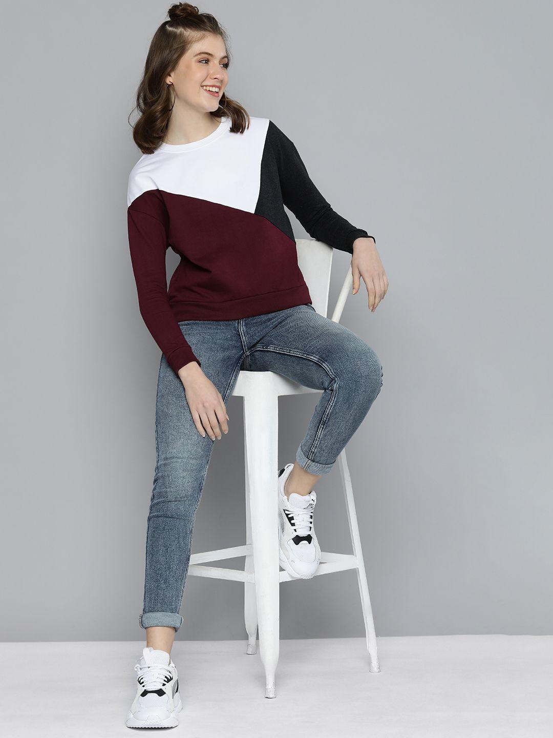 here&now women maroon & white colourblocked round neck pure cotton sweatshirt