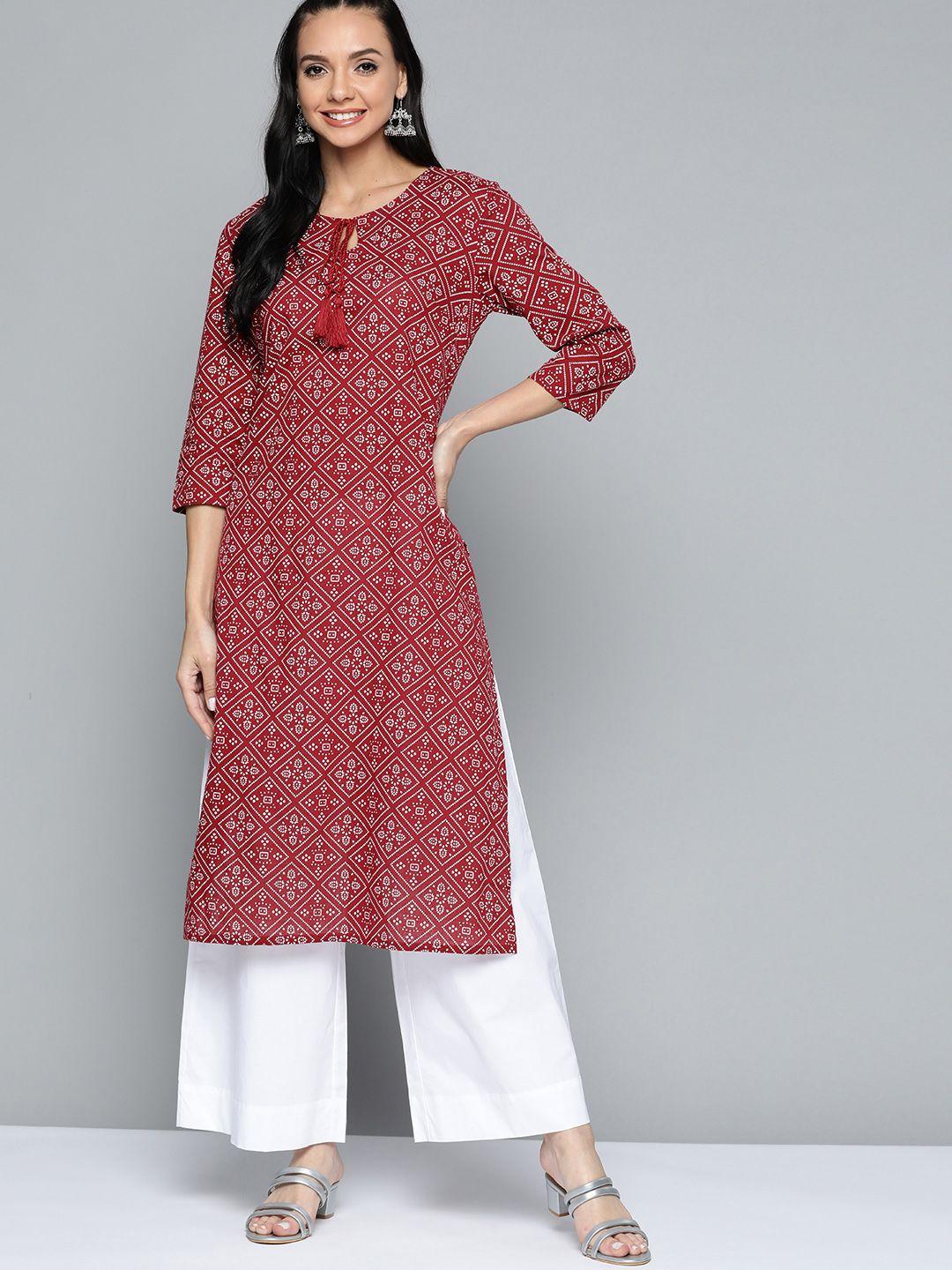 here&now women maroon & white cotton geometric printed kurta