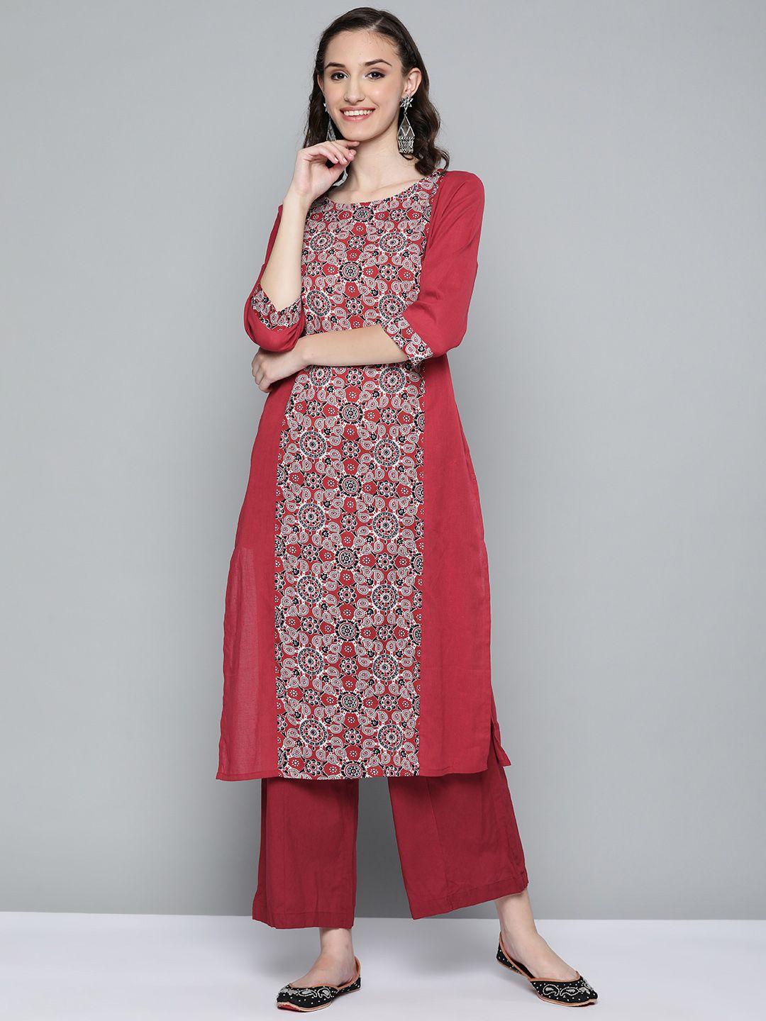 here&now women maroon & white ethnic motifs printed kurta