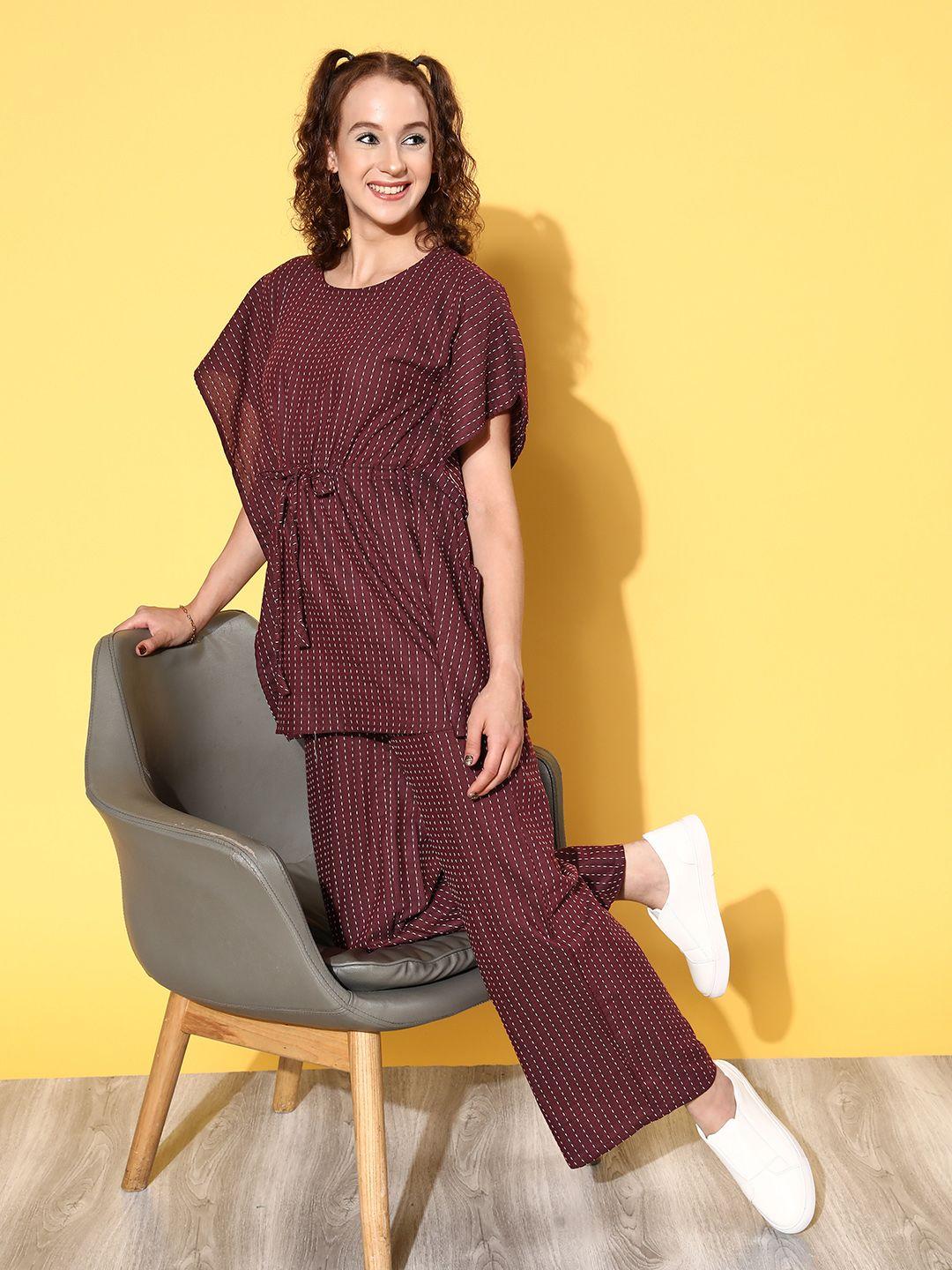 here&now women maroon & white striped pyjama suit