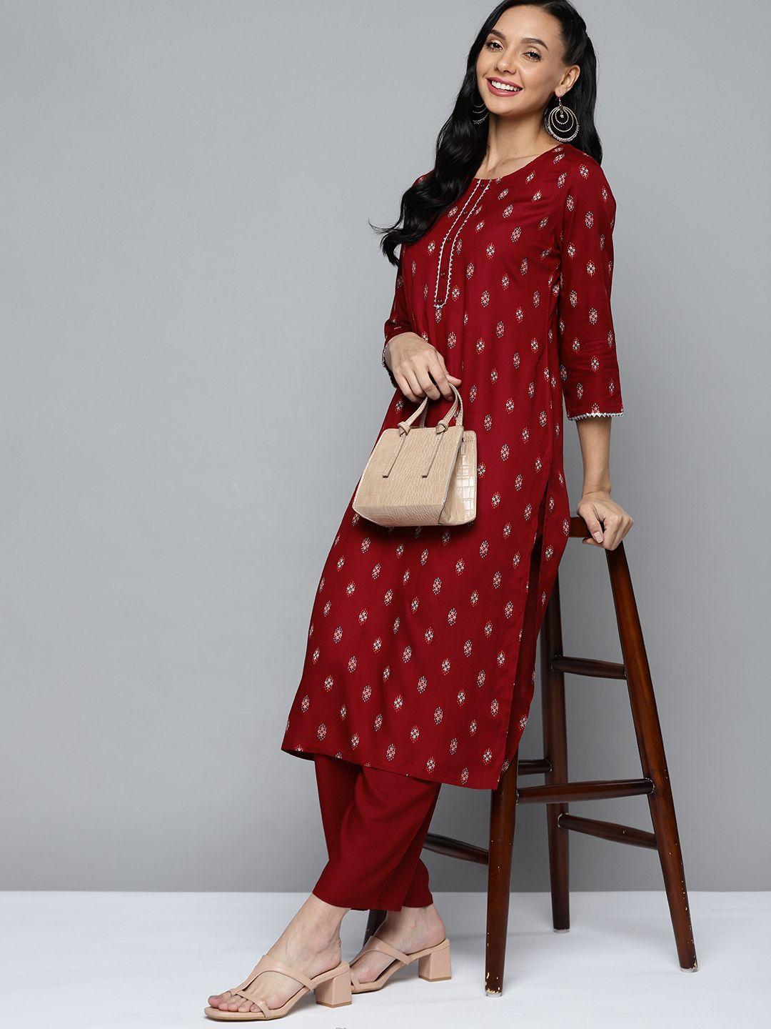 here&now women maroon ethnic motifs printed regular kurta with palazzos