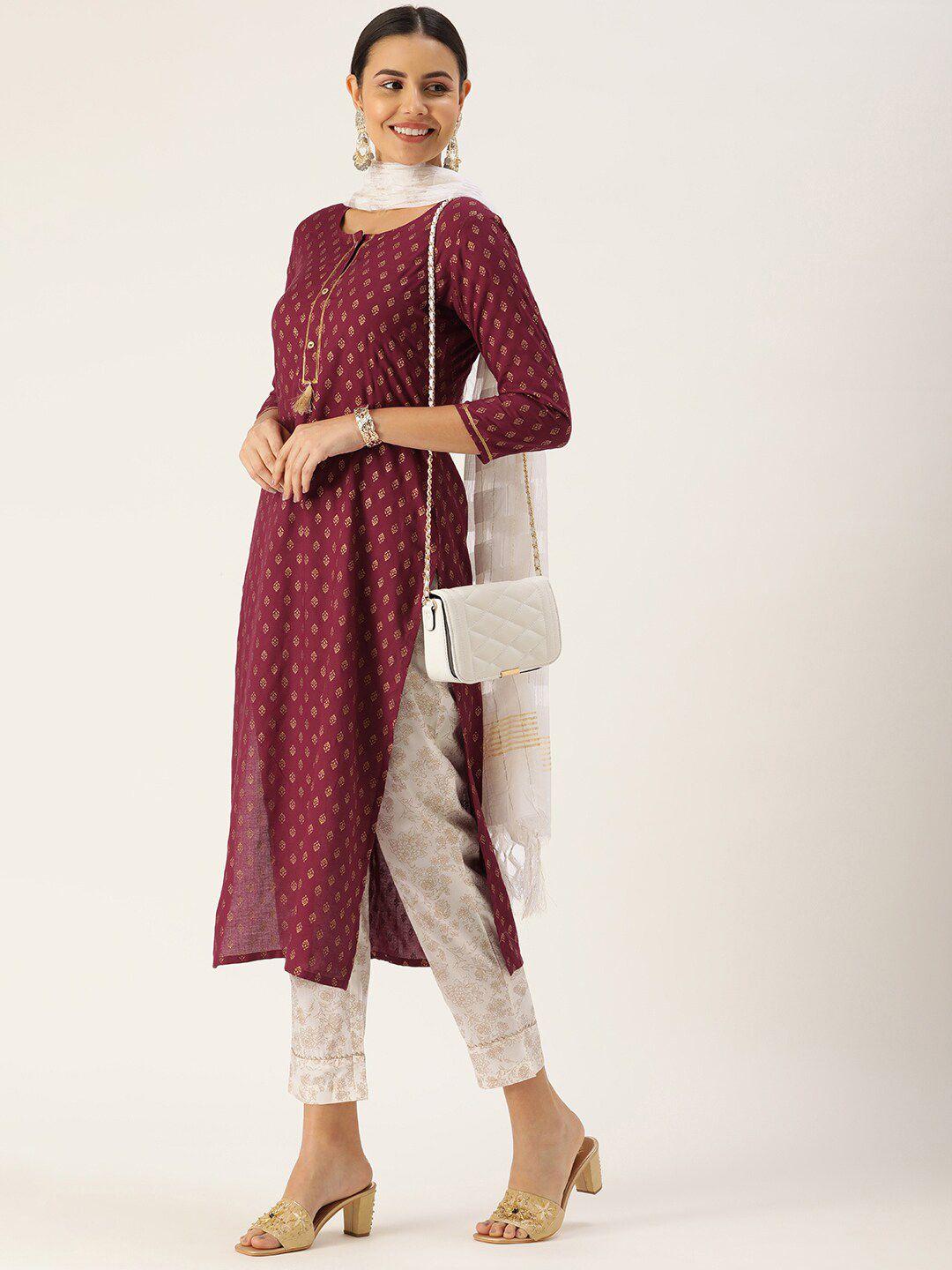 here&now women maroon ethnic printed kurta with trousers & with dupatta