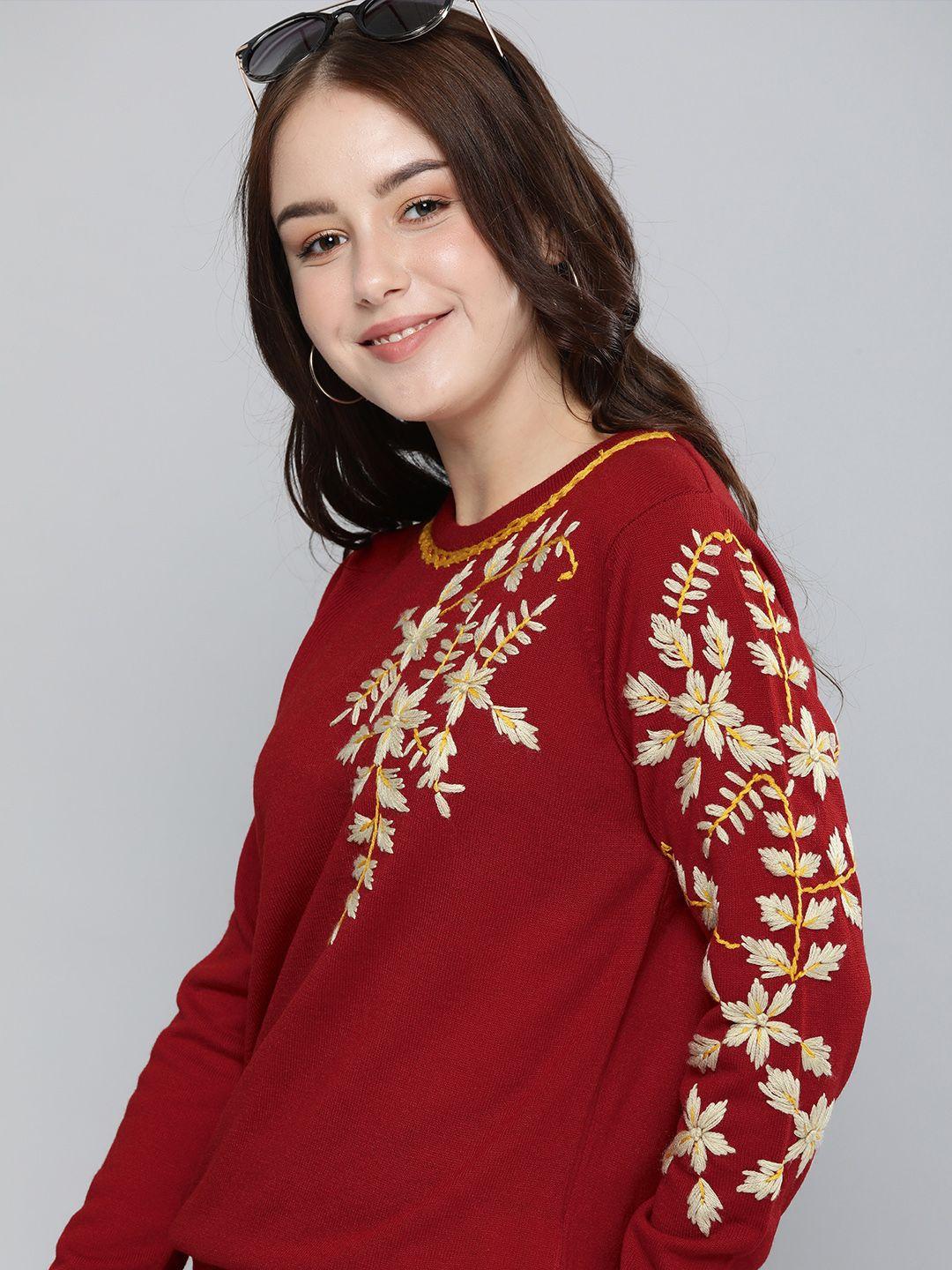 here&now women maroon floral embroidered pullover
