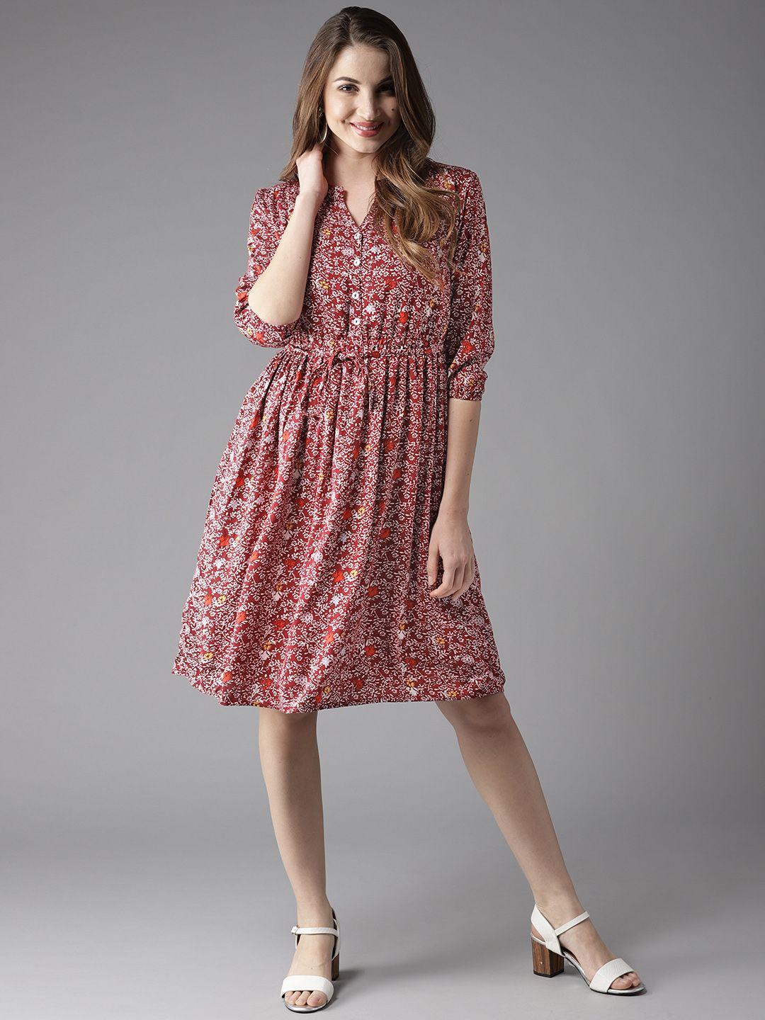 here&now women maroon floral printed fit & flare dress