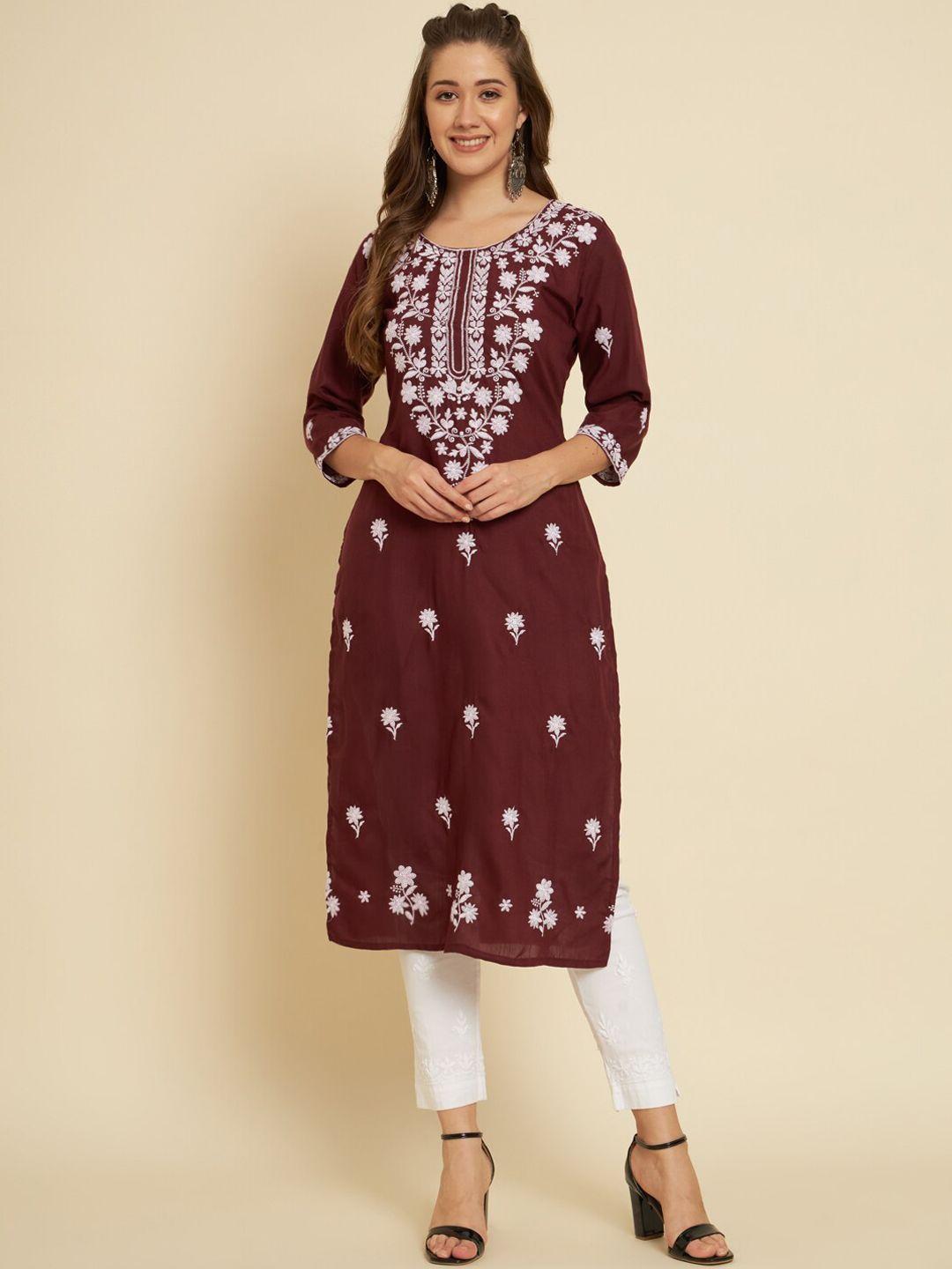 here&now women maroon geometric embroidered keyhole neck flared sleeves thread work kurta