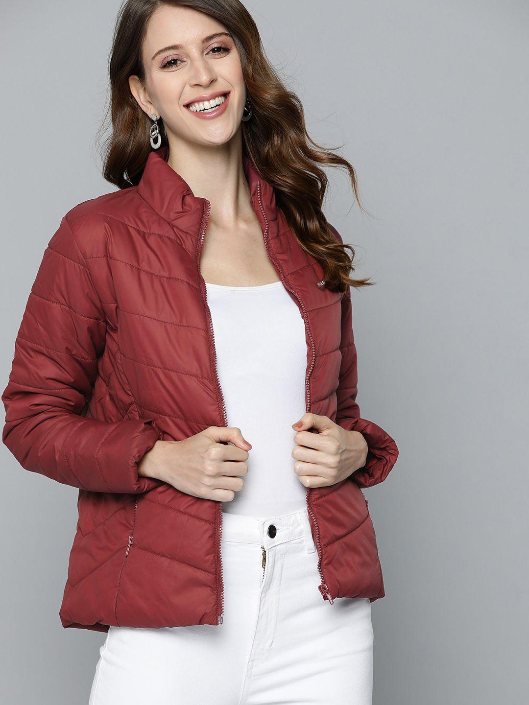 here&now women maroon padded jacket