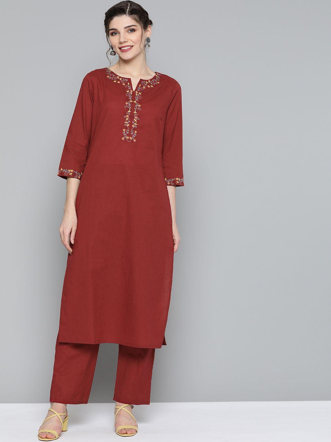 here&now women maroon pure cotton yoke design thread work kurta