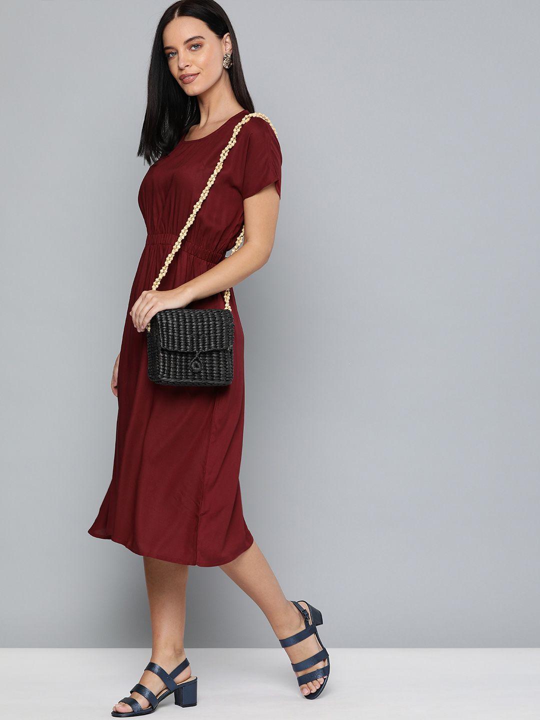 here&now women maroon solid fit and flare dress