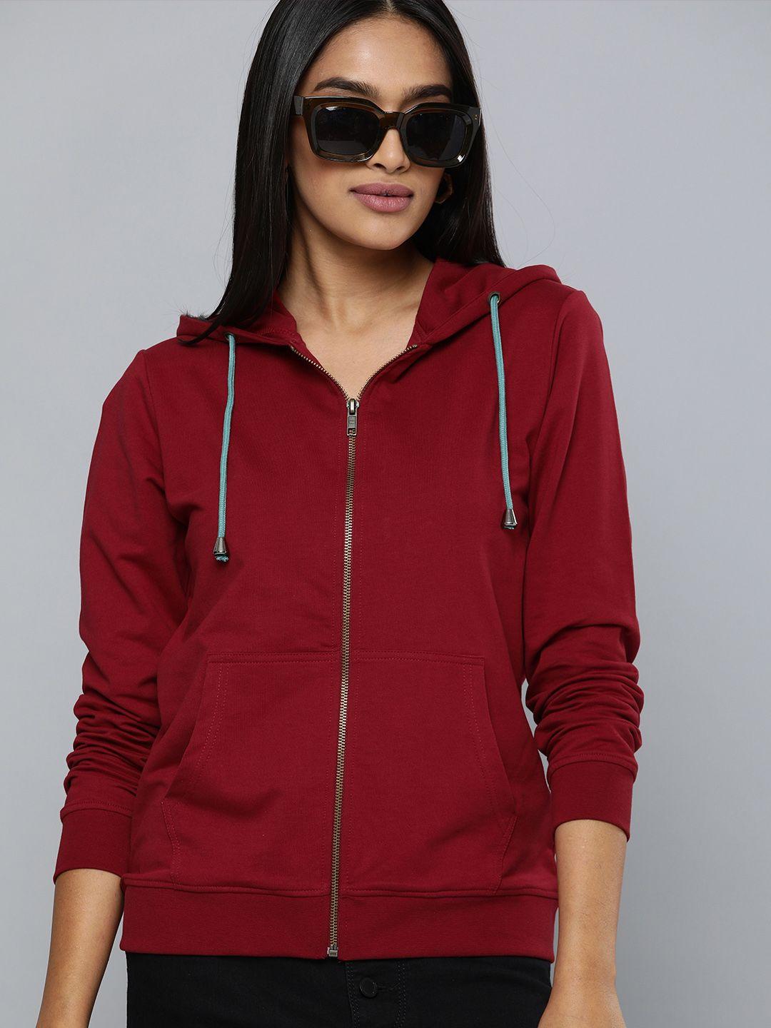 here&now women maroon solid hooded sweatshirt