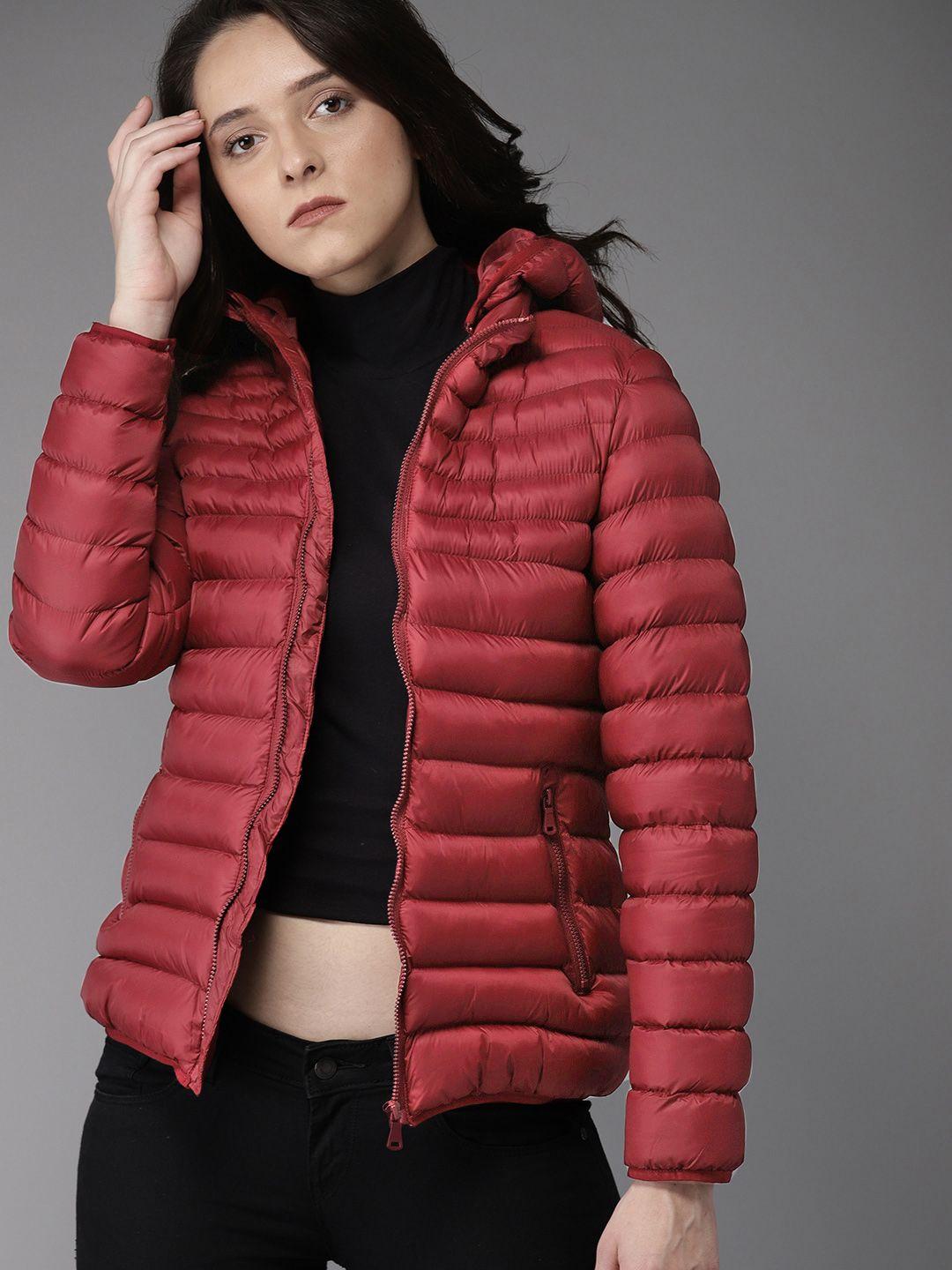 here&now women maroon solid padded jacket