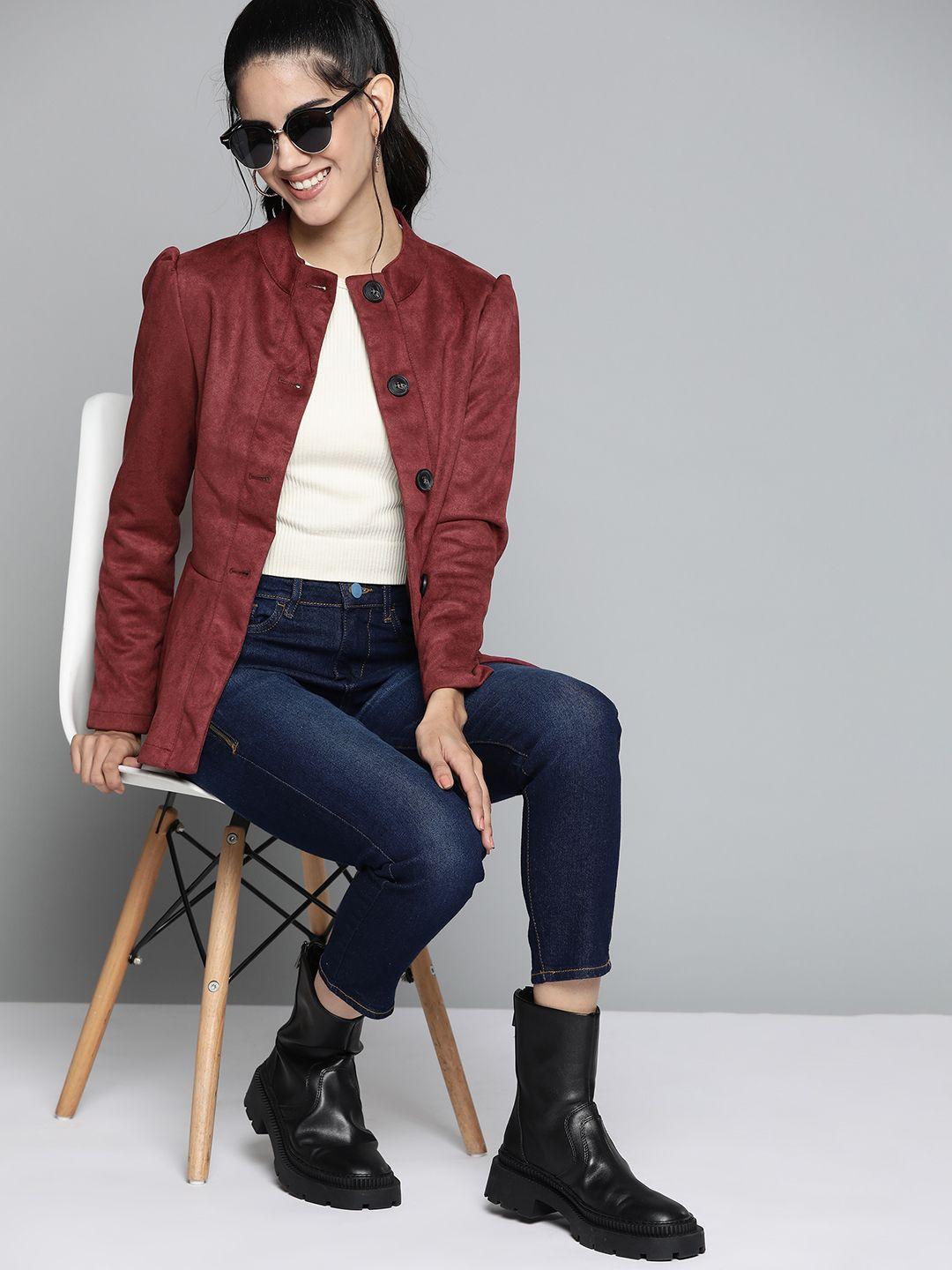 here&now women maroon solid tailored jacket