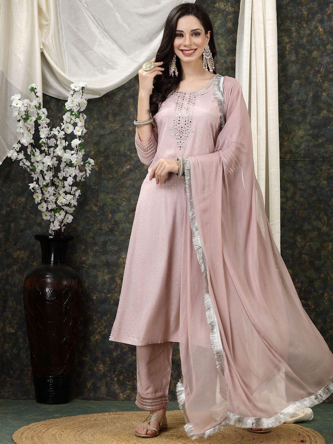 here&now women mauve embroidered regular mirror work kurta with palazzos & with dupatta