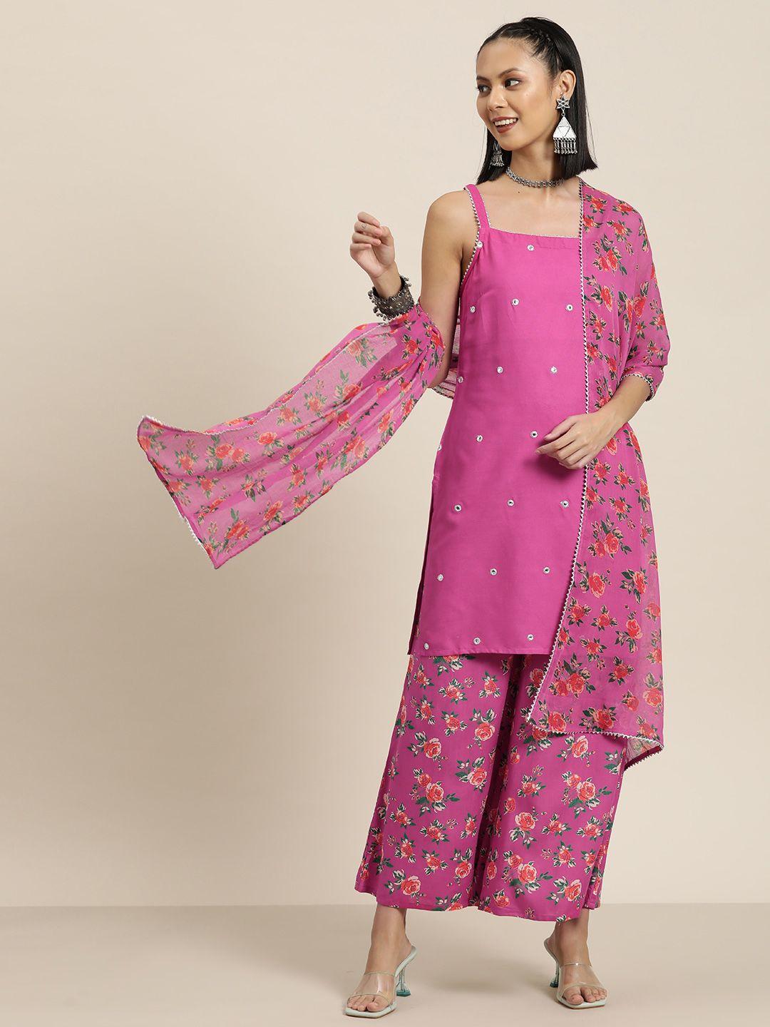 here&now women mirror work kurta with printed palazzos & dupatta