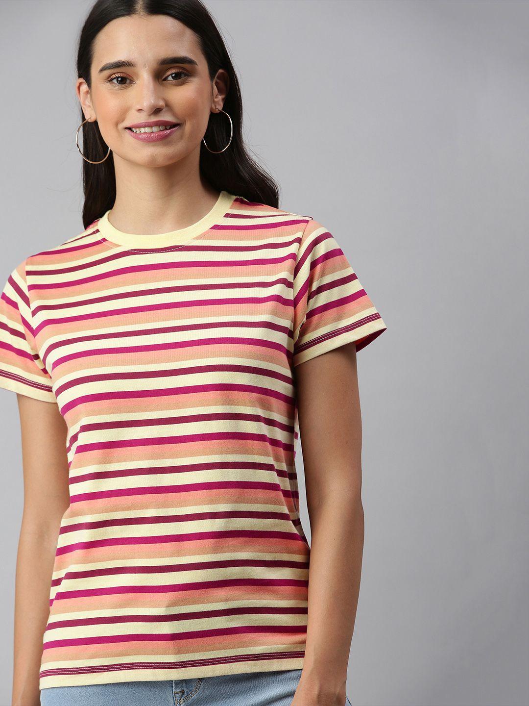 here&now women multicoloured striped round neck t-shirt