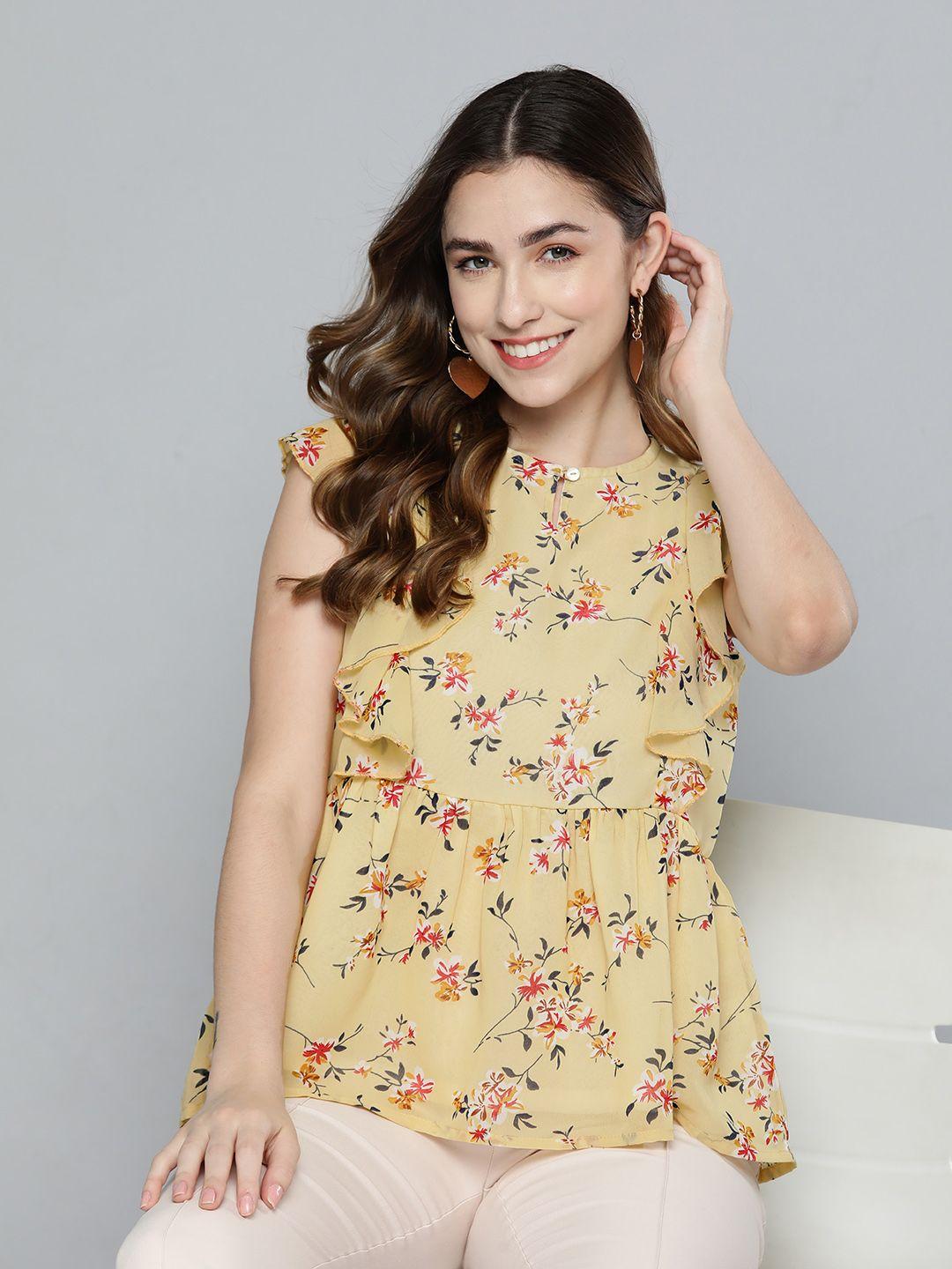 here&now women mustard yellow & black floral print keyhole neck ruffles top