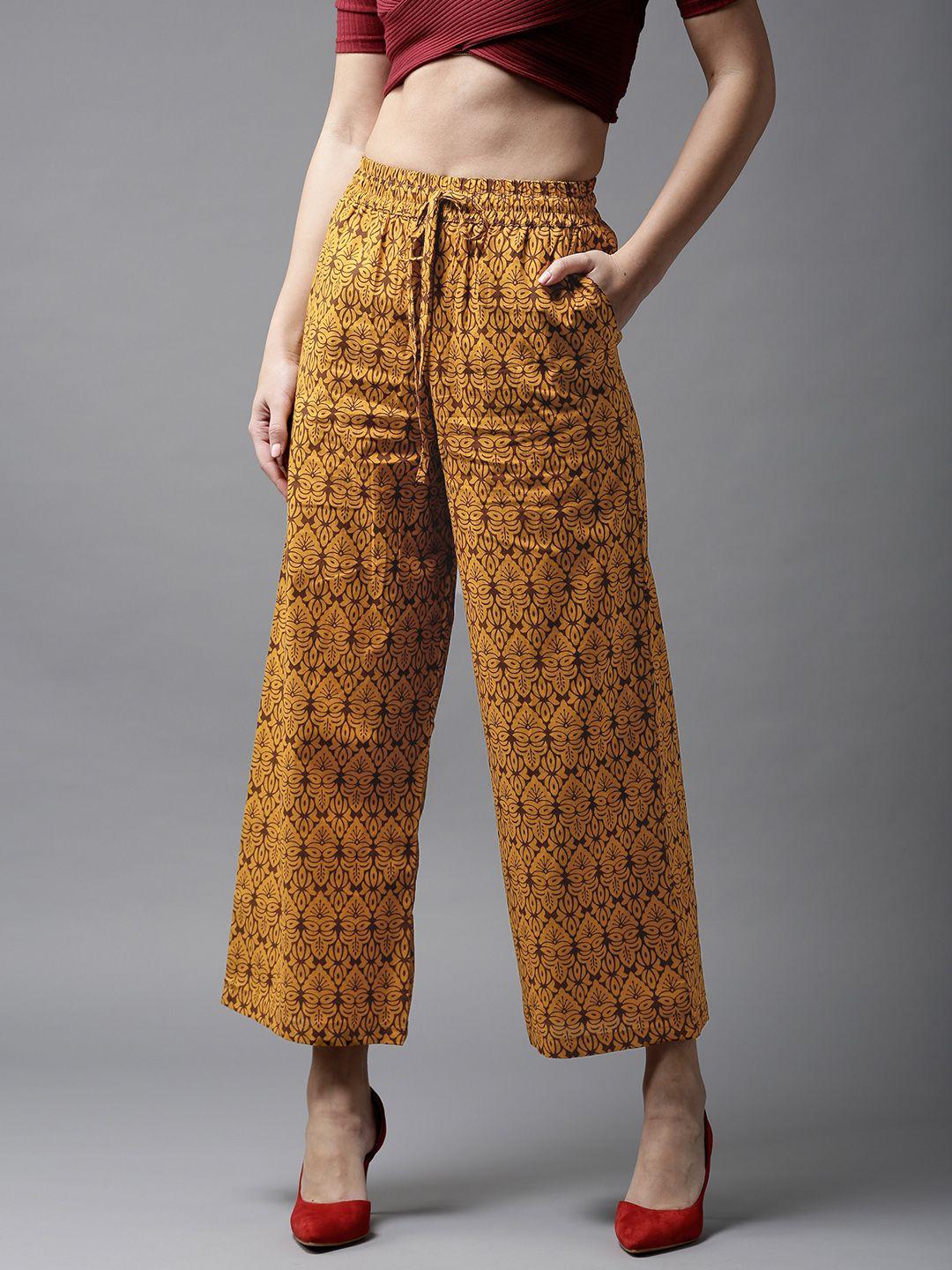 here&now women mustard yellow & brown printed wide leg cropped palazzos