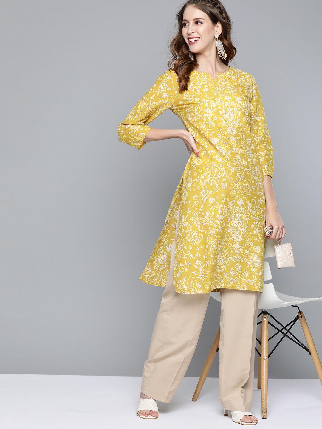 here&now women mustard yellow & off white ethnic motifs printed straight kurta