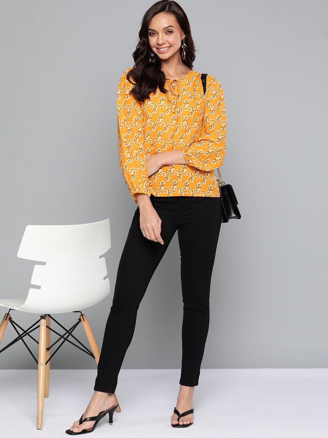 here&now women mustard yellow & off white print tie-up neck top