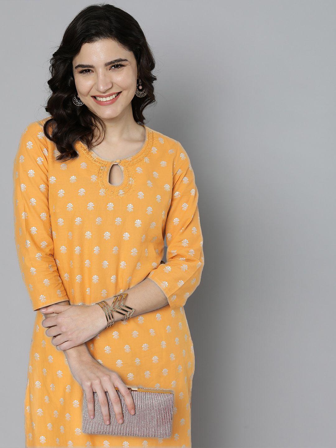 here&now women mustard yellow & silver pure cotton printed keyhole neck kurta