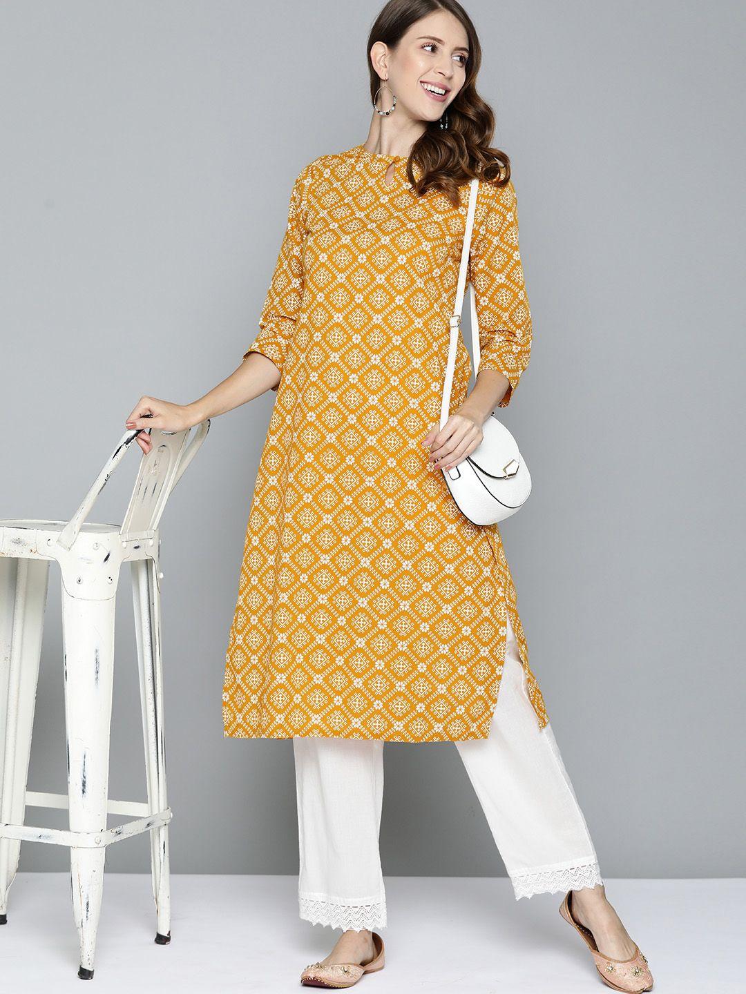 here&now women mustard yellow & white ethnic motifs printed pure cotton straight kurta