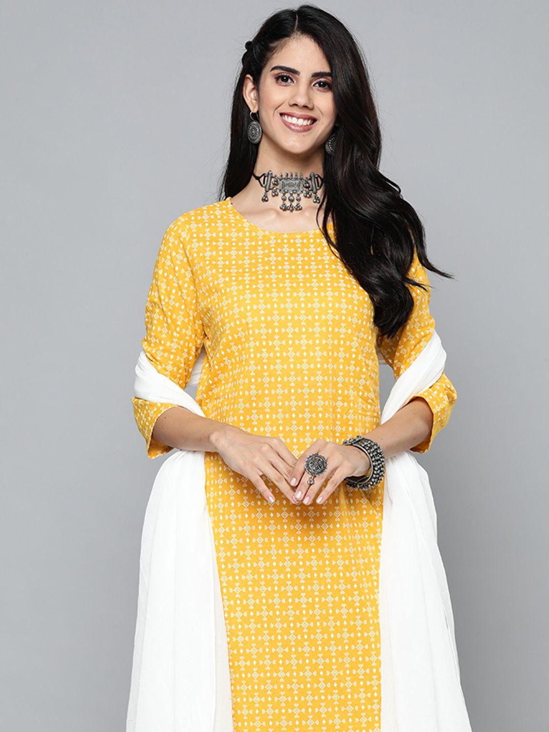 here&now women mustard yellow & white ethnic print cotton kurta with trousers & dupatta