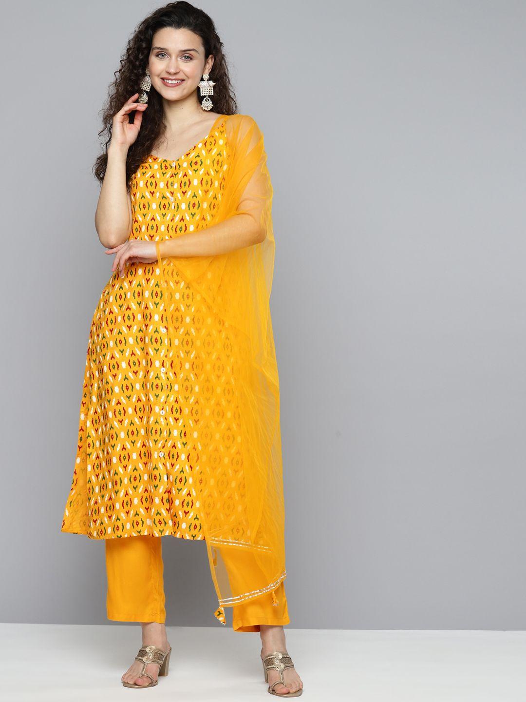 here&now women mustard yellow ethnic motifs printed kurta with trousers & with dupatta