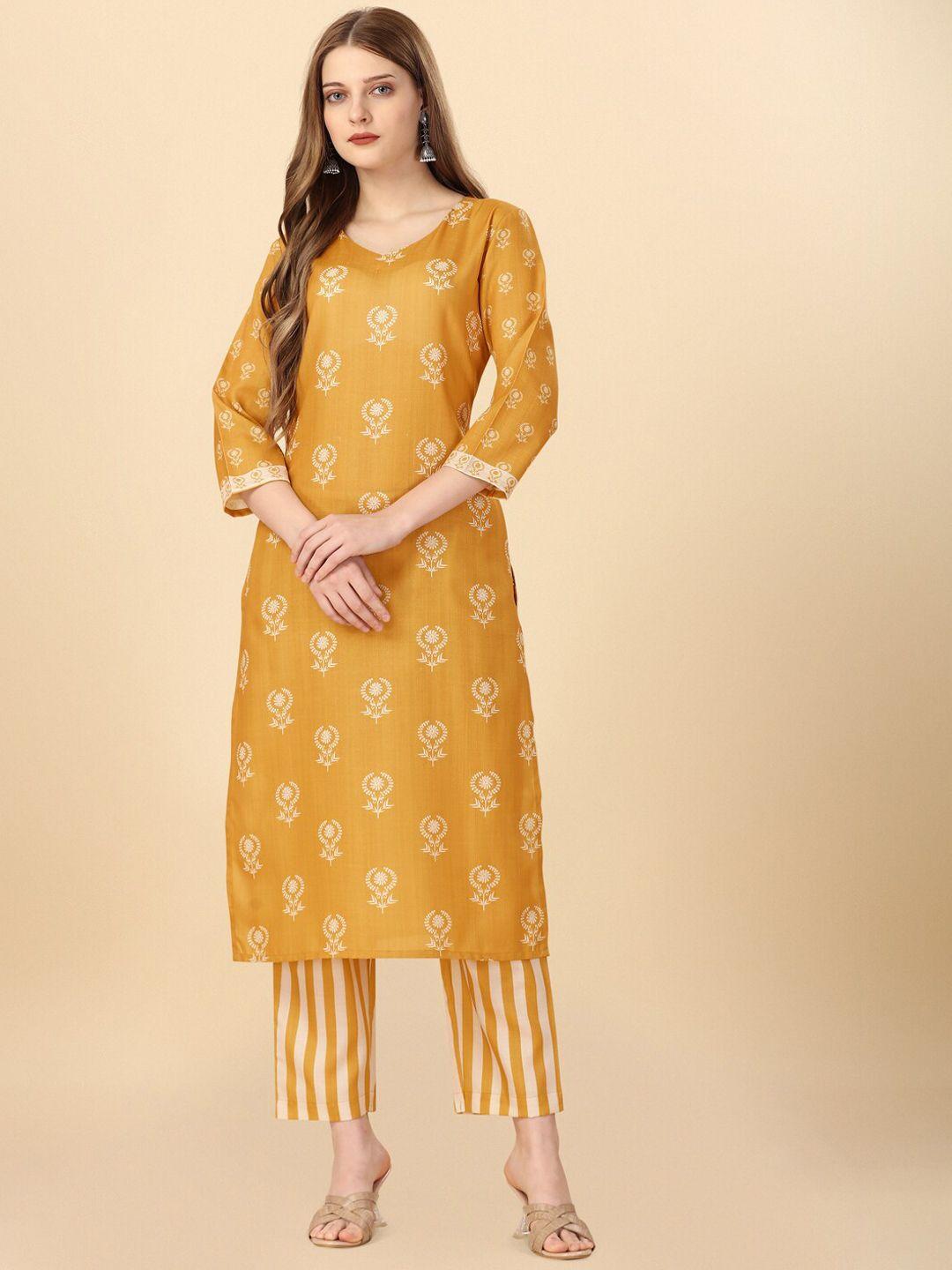 here&now women mustard yellow ethnic motifs printed regular kurta with trousers