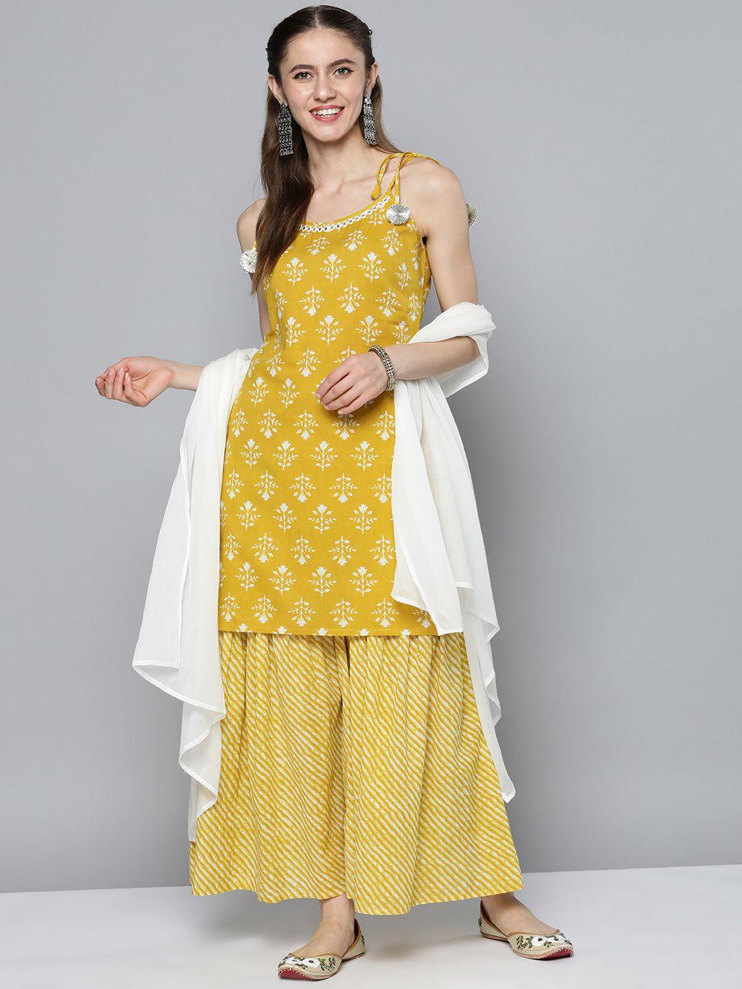 here&now women mustard yellow ethnic printed pure cotton kurta with palazzos & dupatta