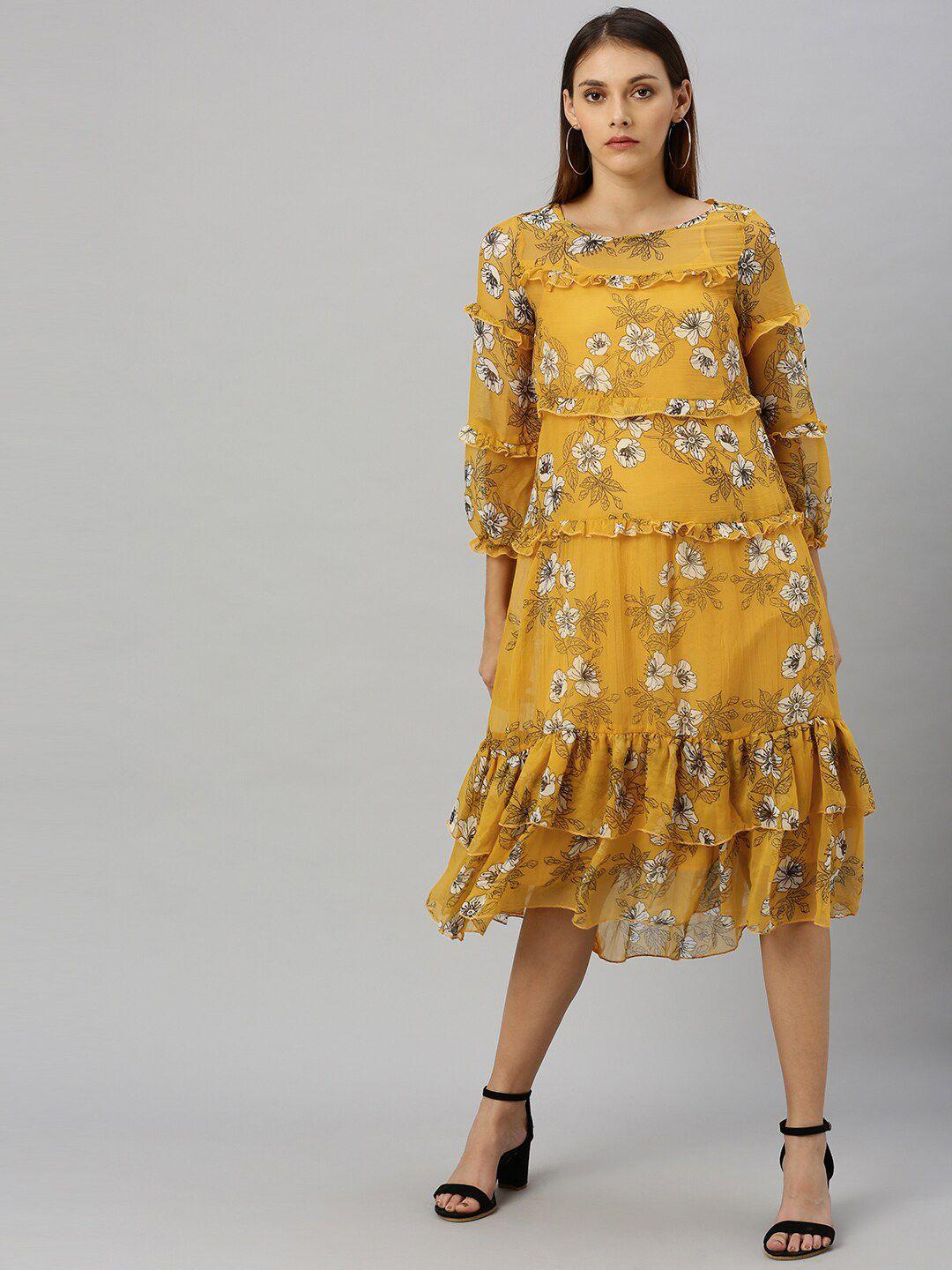 here&now women mustard yellow printed layered fit and flare dress