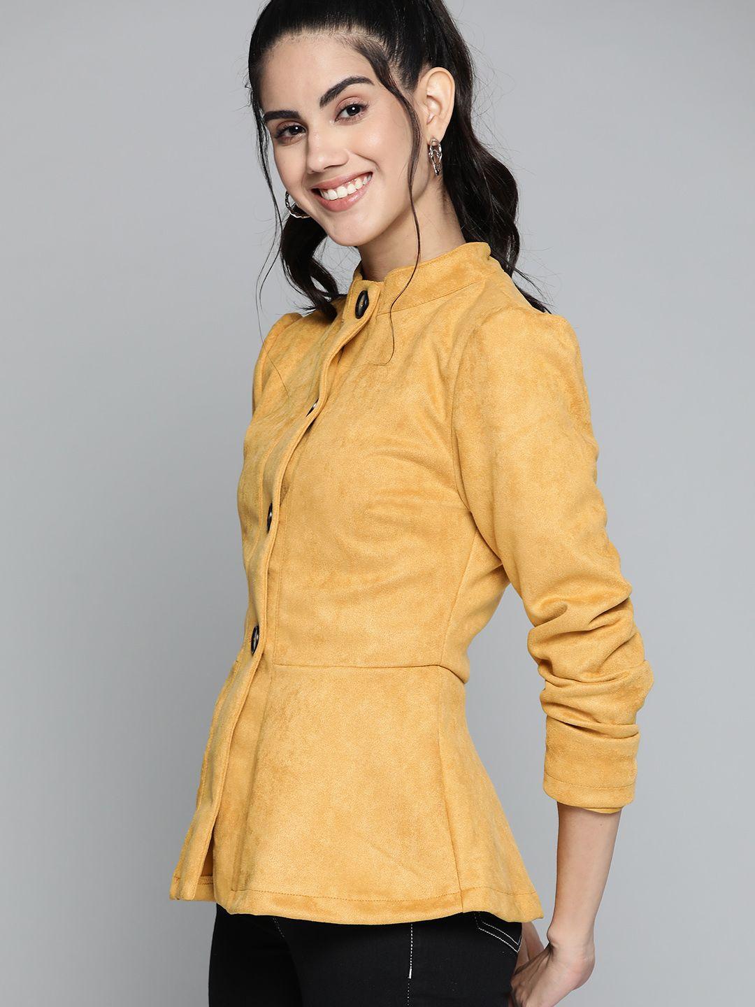 here&now women mustard yellow solid  tailored jacket