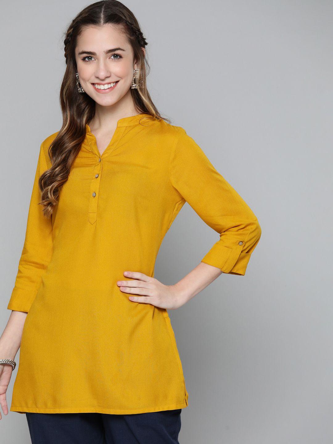 here&now women mustard yellow solid kurti