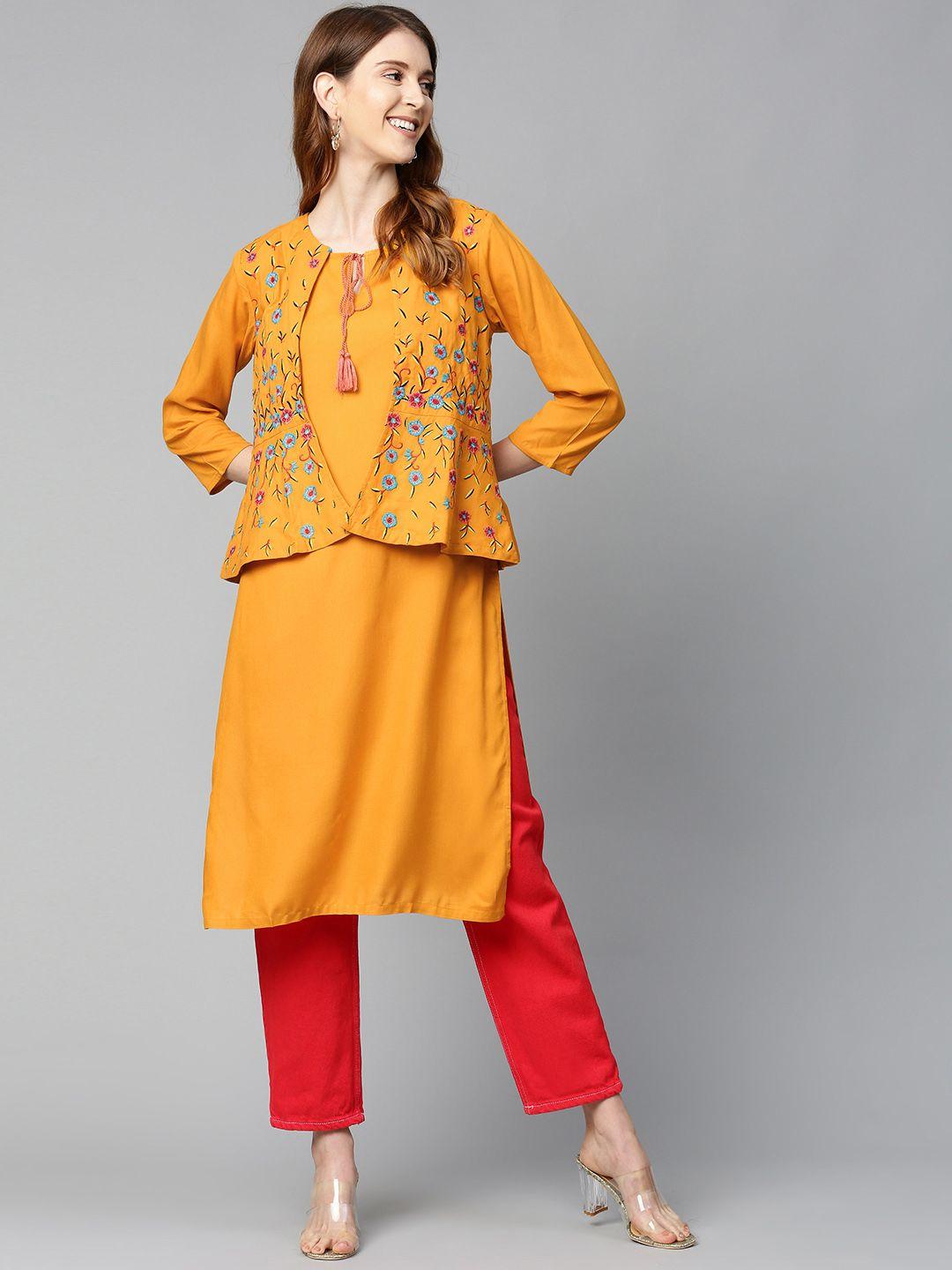 here&now women mustard yellow solid straight kurta with ethnic jacket