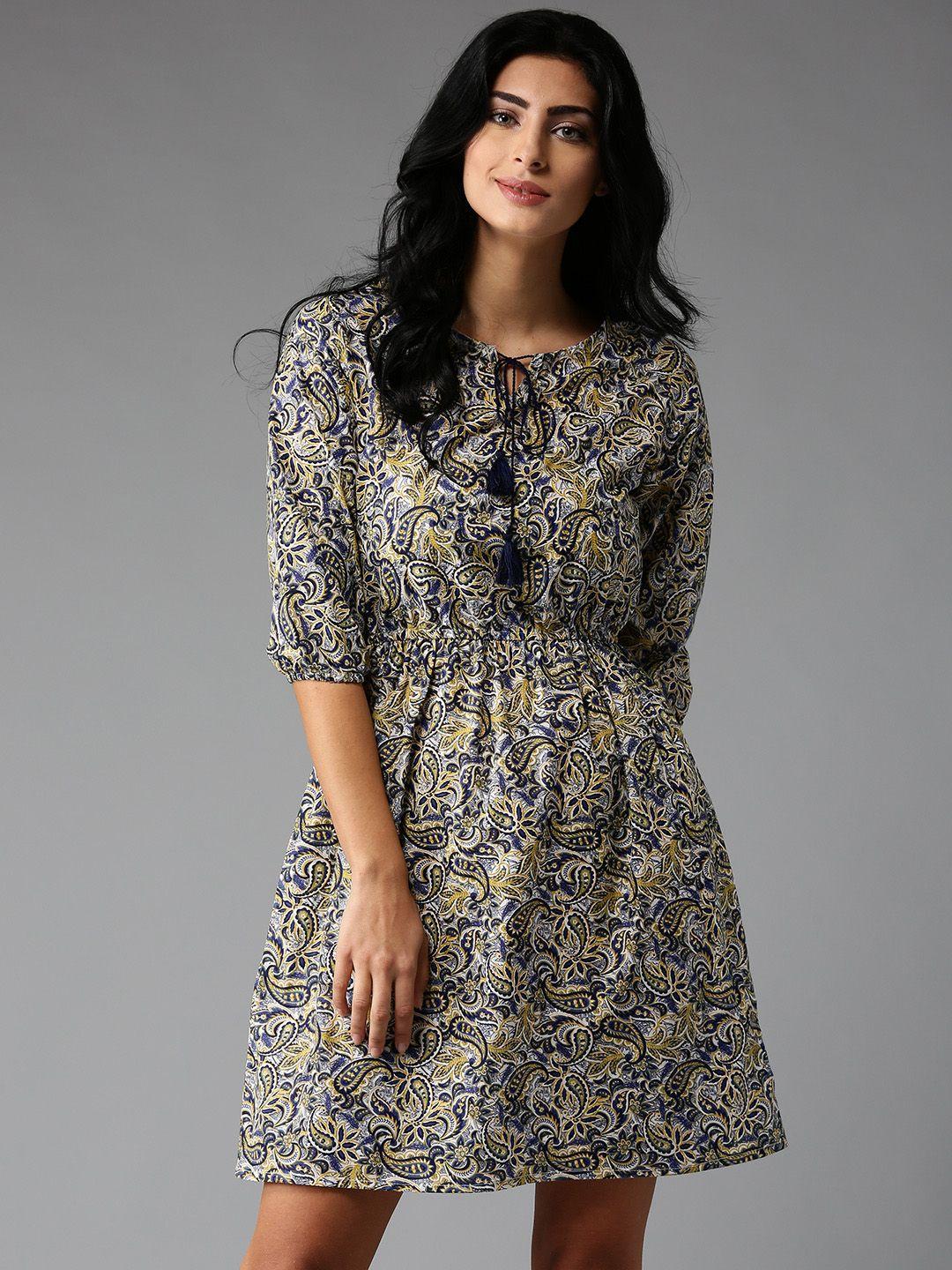 here&now women navy & yellow printed fit & flare dress