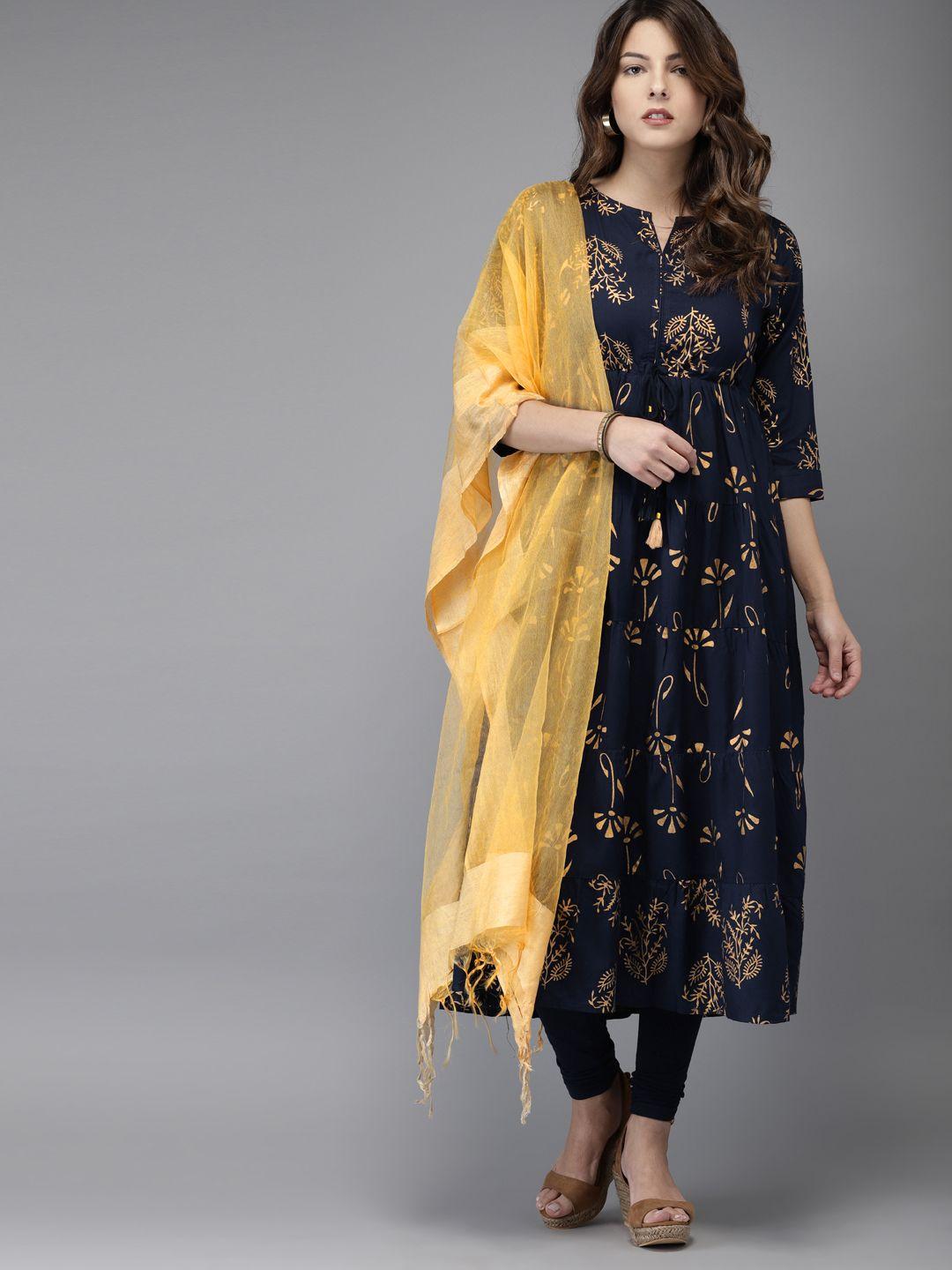 here&now women navy blue & gold-toned printed kurta with churidar & dupatta