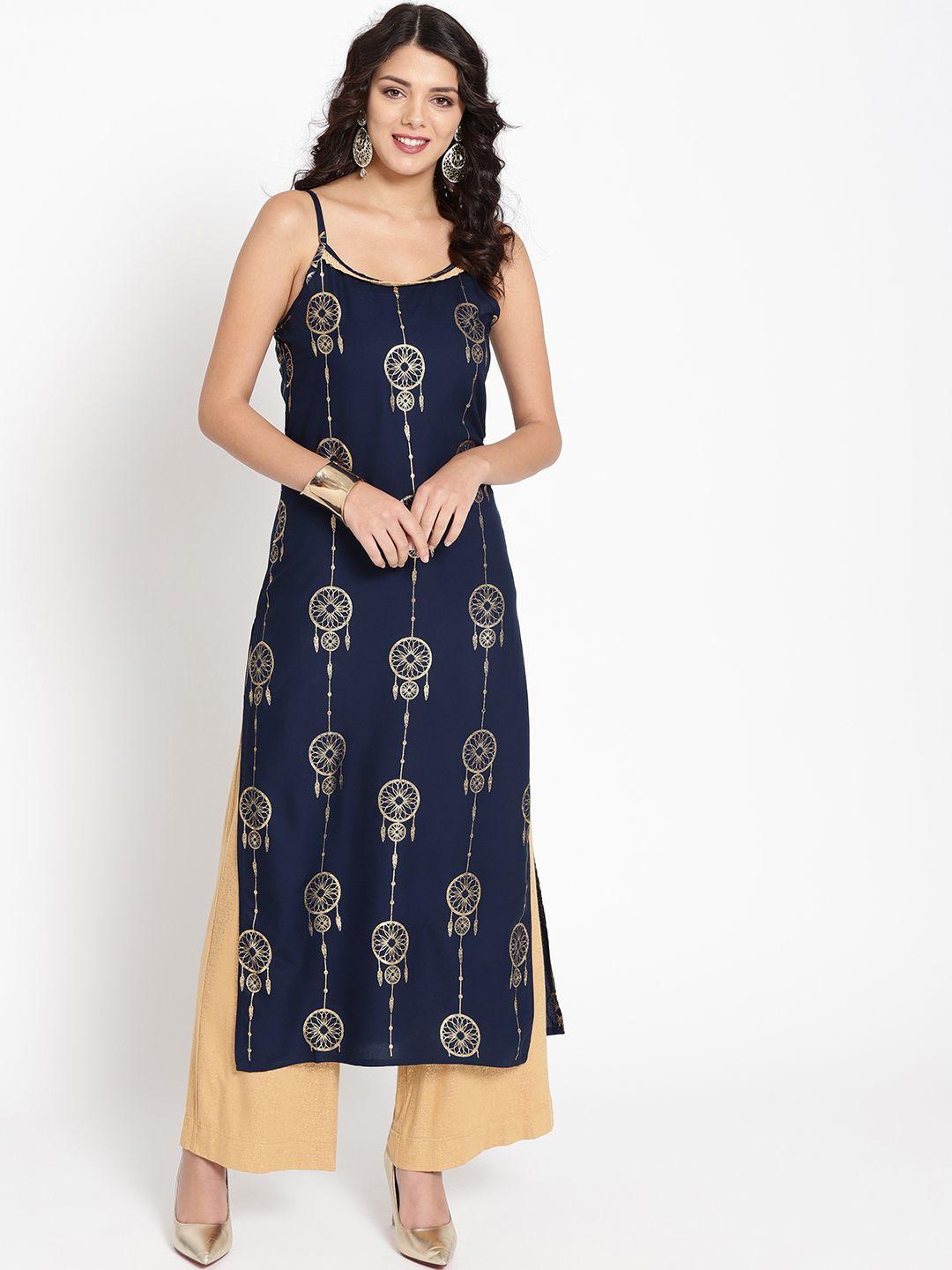 here&now women navy blue & golden dream catcher printed straight kurta