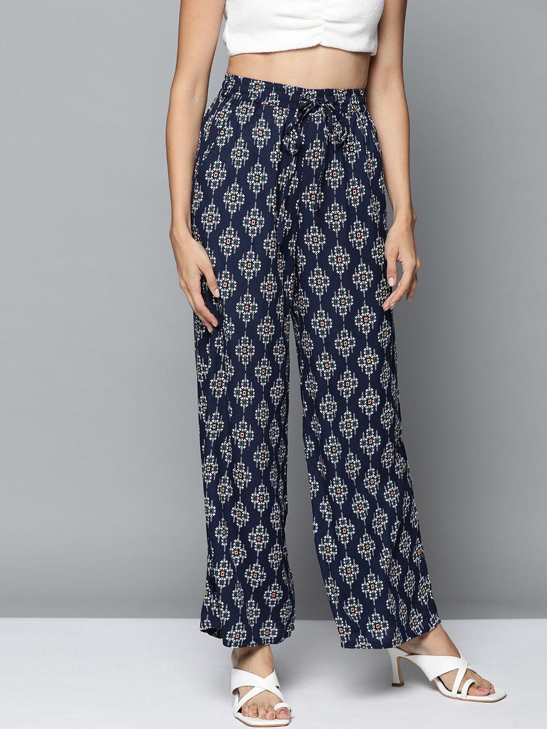 here&now women navy blue & off white ethnic motifs print palazzos