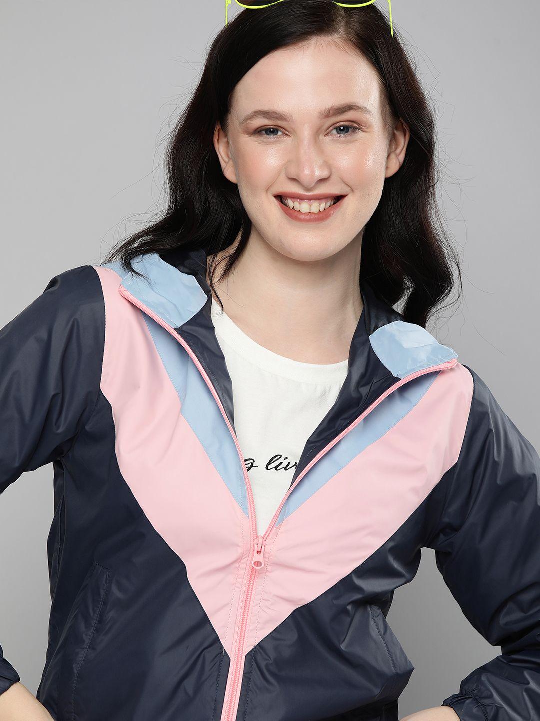 here&now women navy blue & pink colourblocked open front hooded jacket