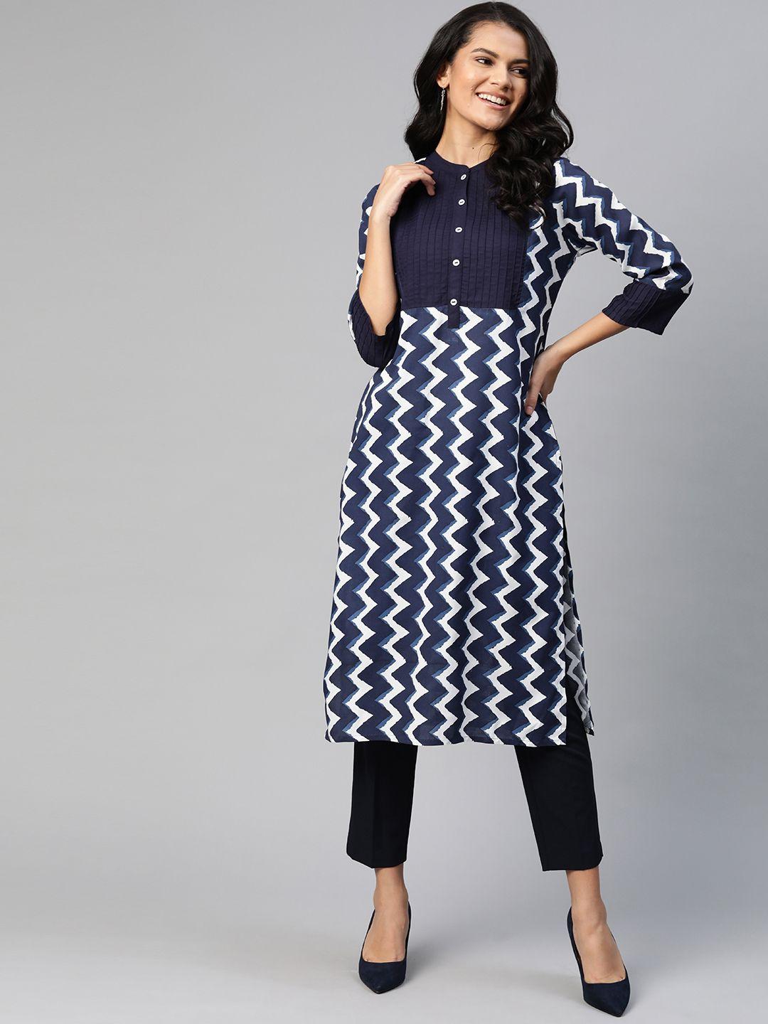 here&now women navy blue & white chevron printed pintuck pleated straight kurta