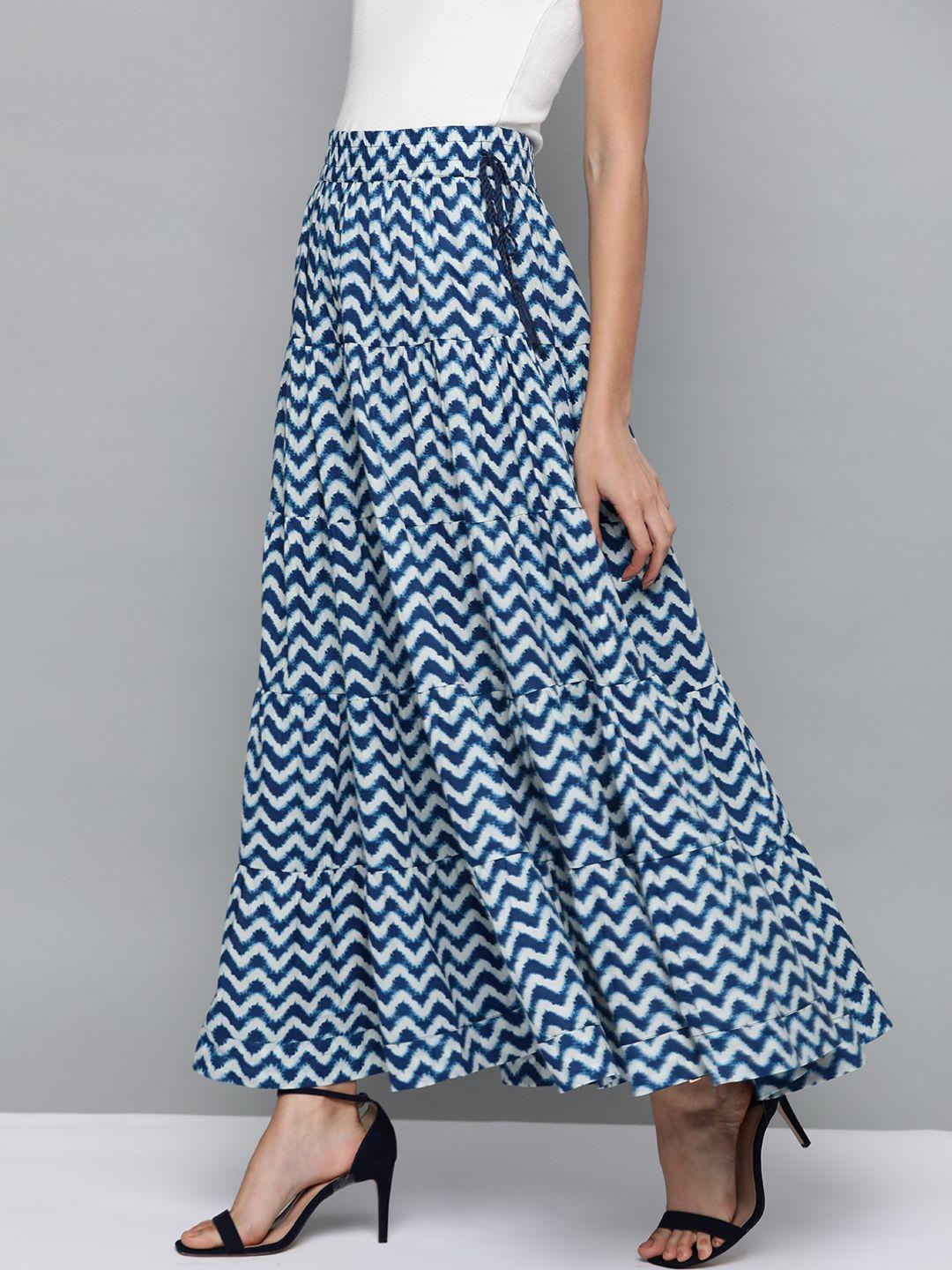 here&now women navy blue & white chevron printed tiered maxi skirt