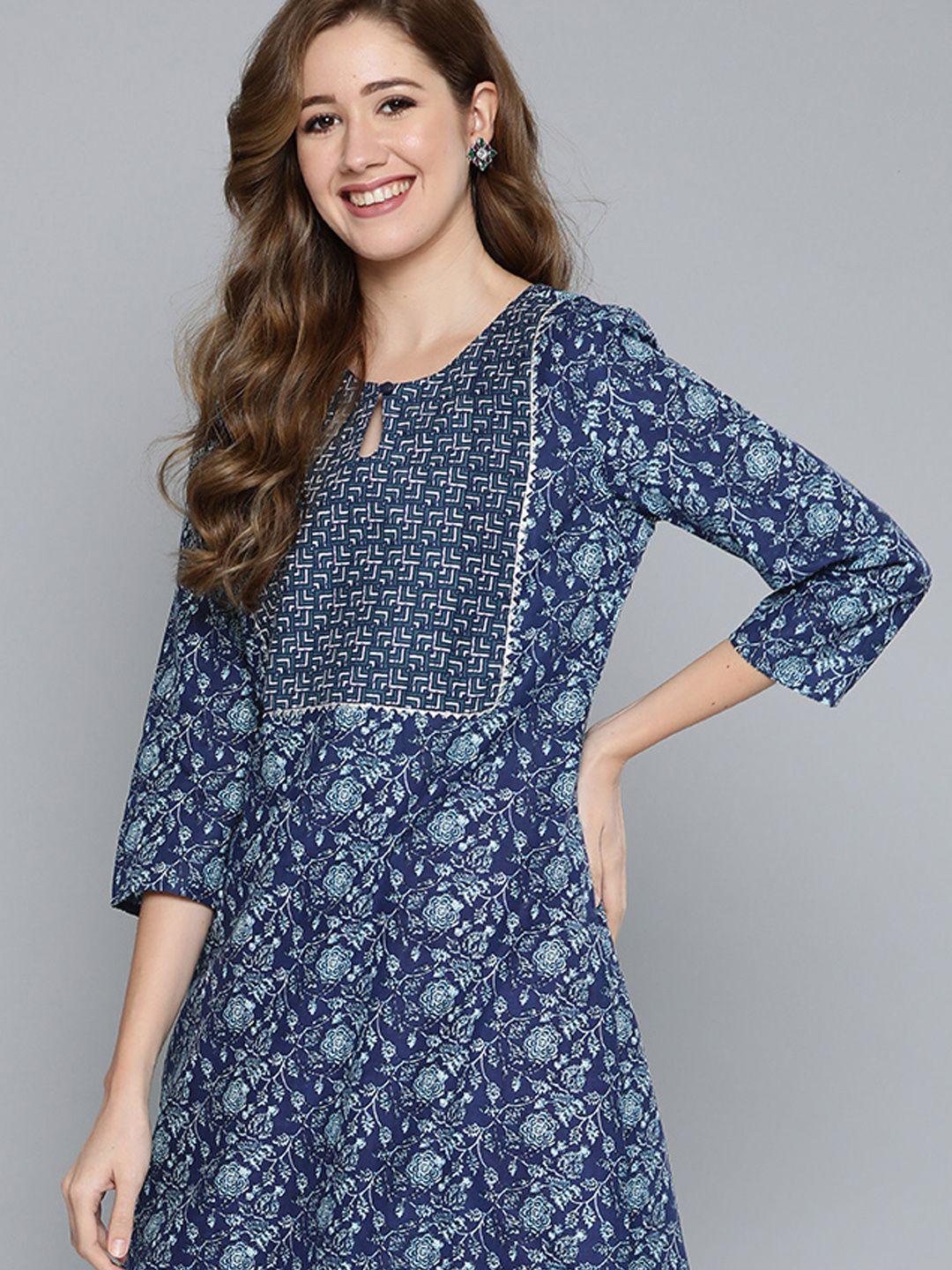 here&now women navy blue & white cotton printed keyhole neck gotta patti straight kurta