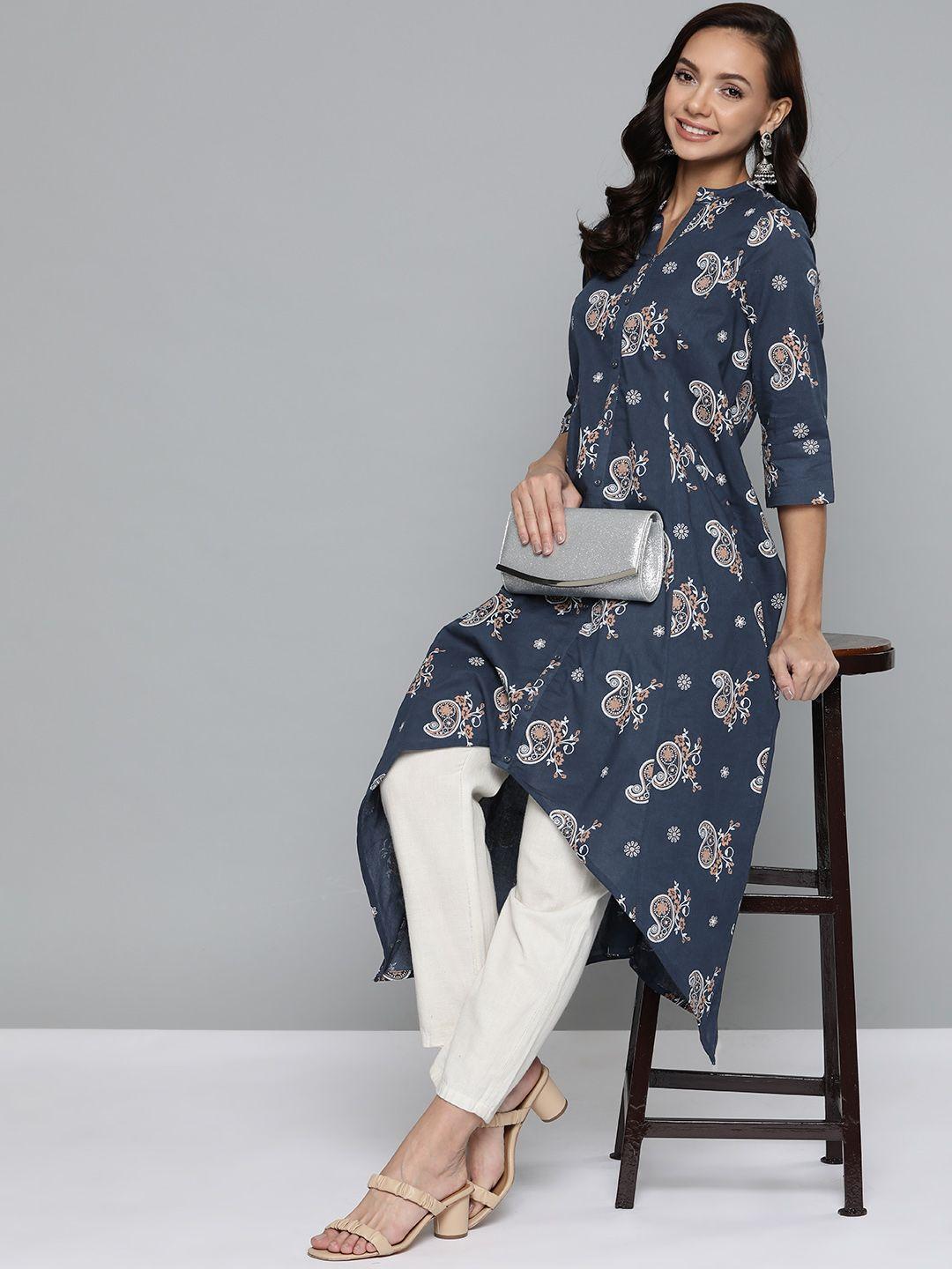 here&now women navy blue & white paisley printed pure cotton kurta