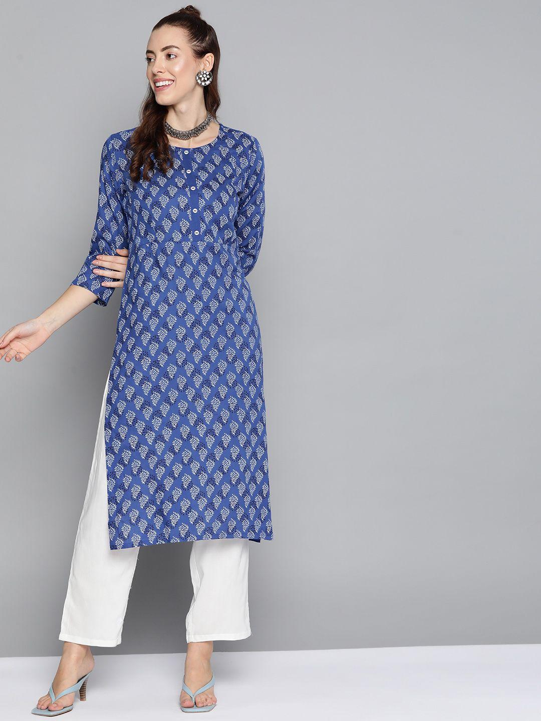 here&now women navy blue & white paisley printed regular kurta with trousers