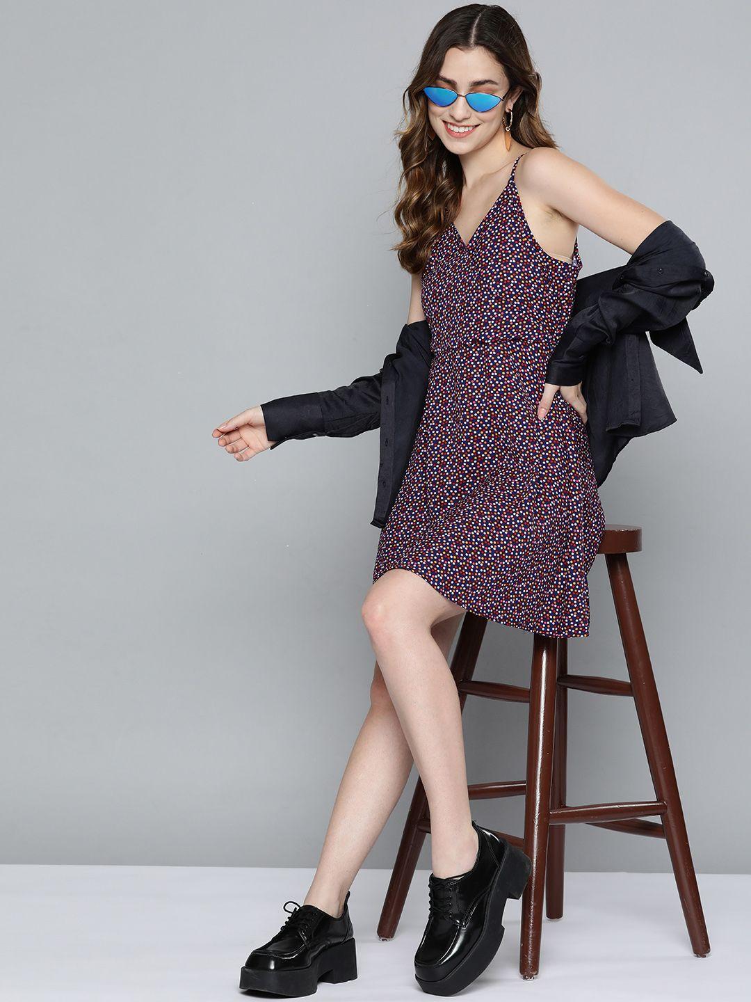 here&now women navy blue & white printed a-line dress