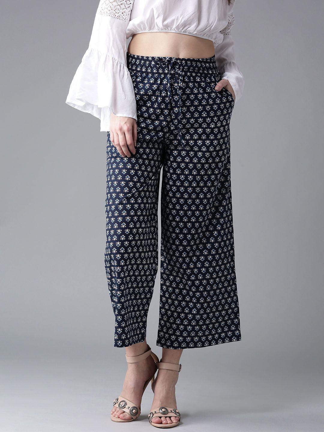 here&now women navy blue & white printed cropped wide leg palazzos