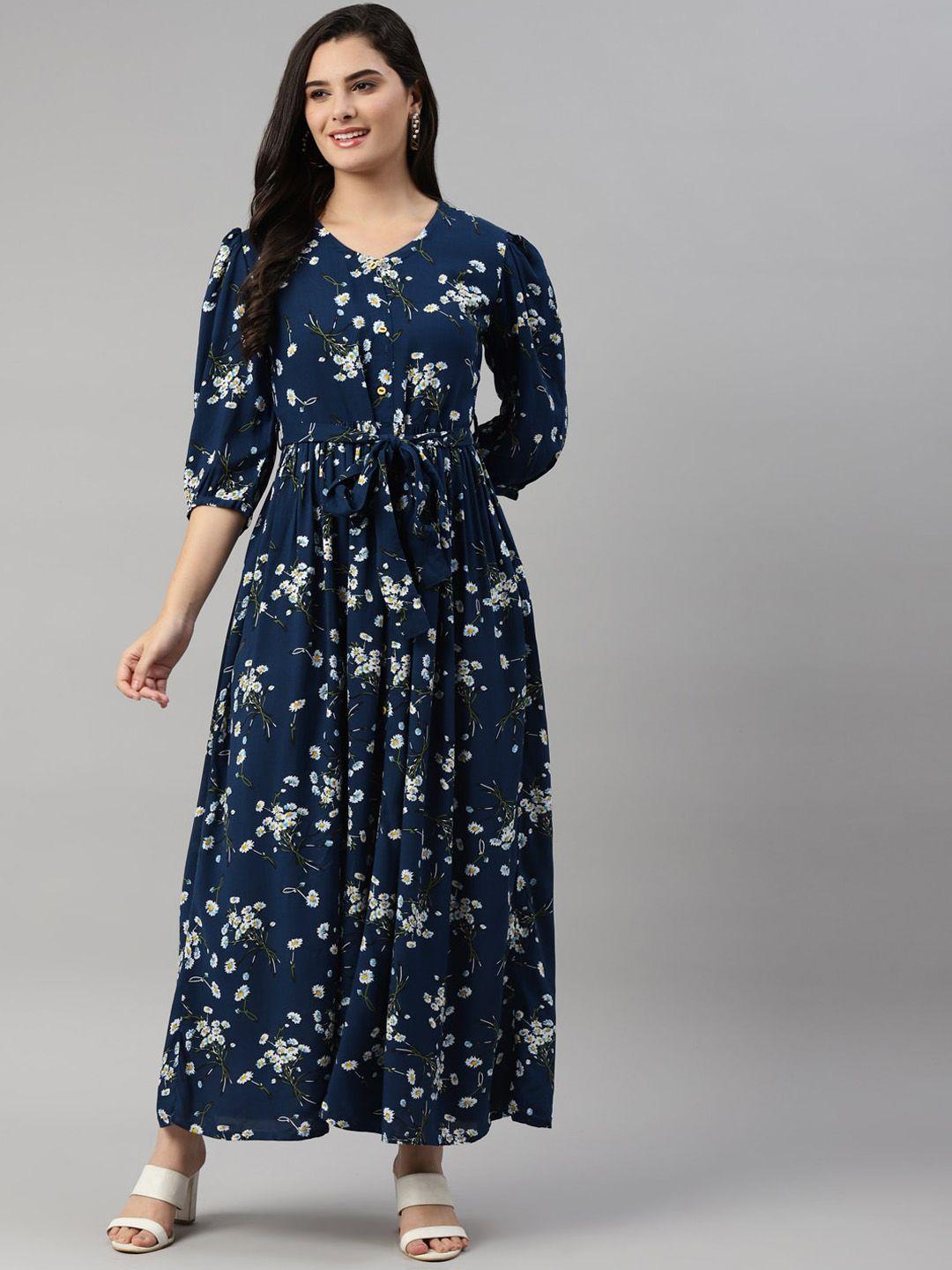 here&now women navy blue & white printed maxi ethnic dresses