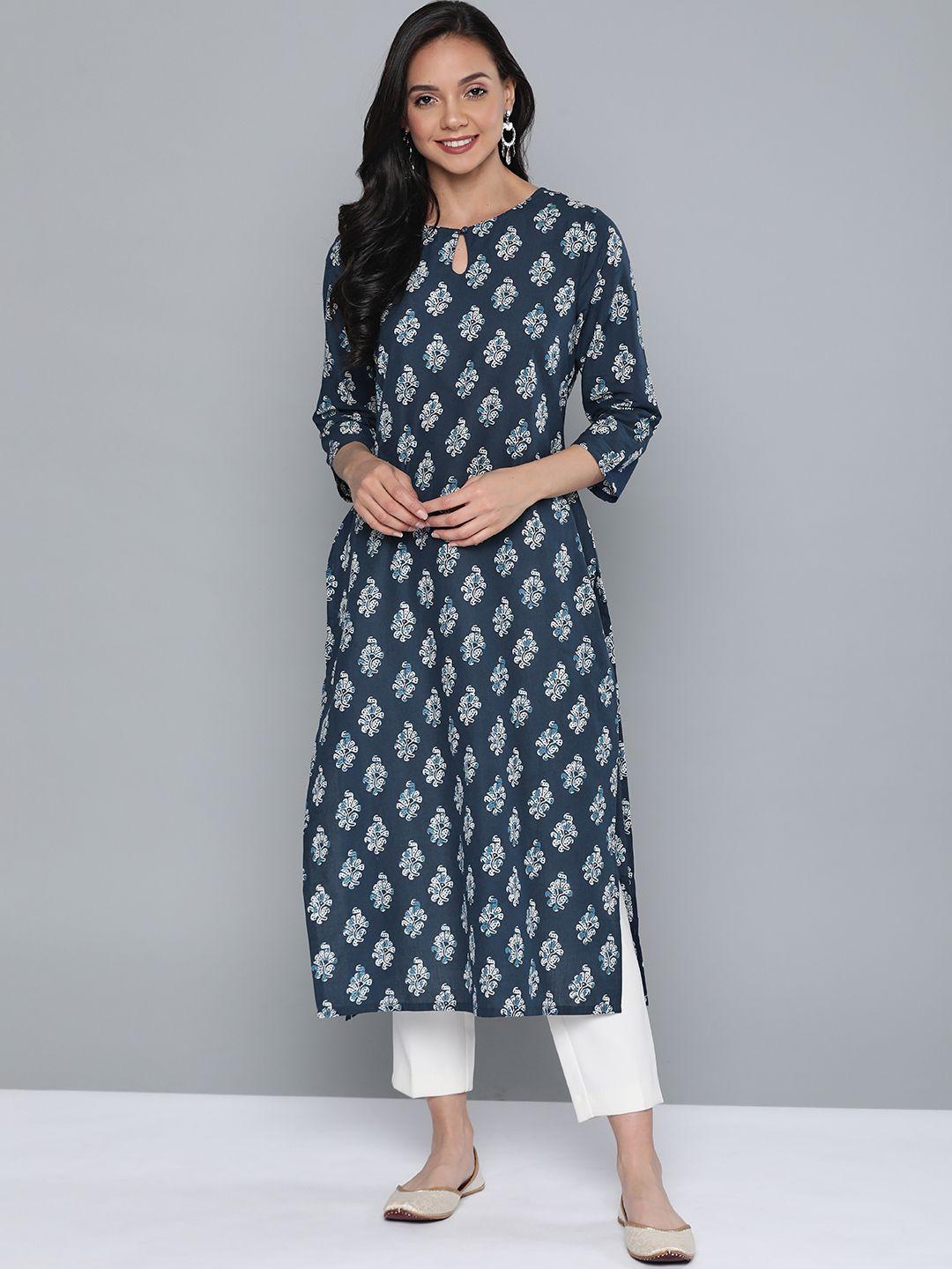 here&now women navy blue & white printed pure cotton straight kurta