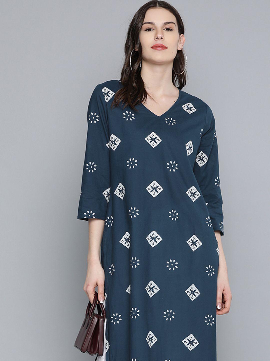 here&now women navy blue & white printed pure cotton straight kurta