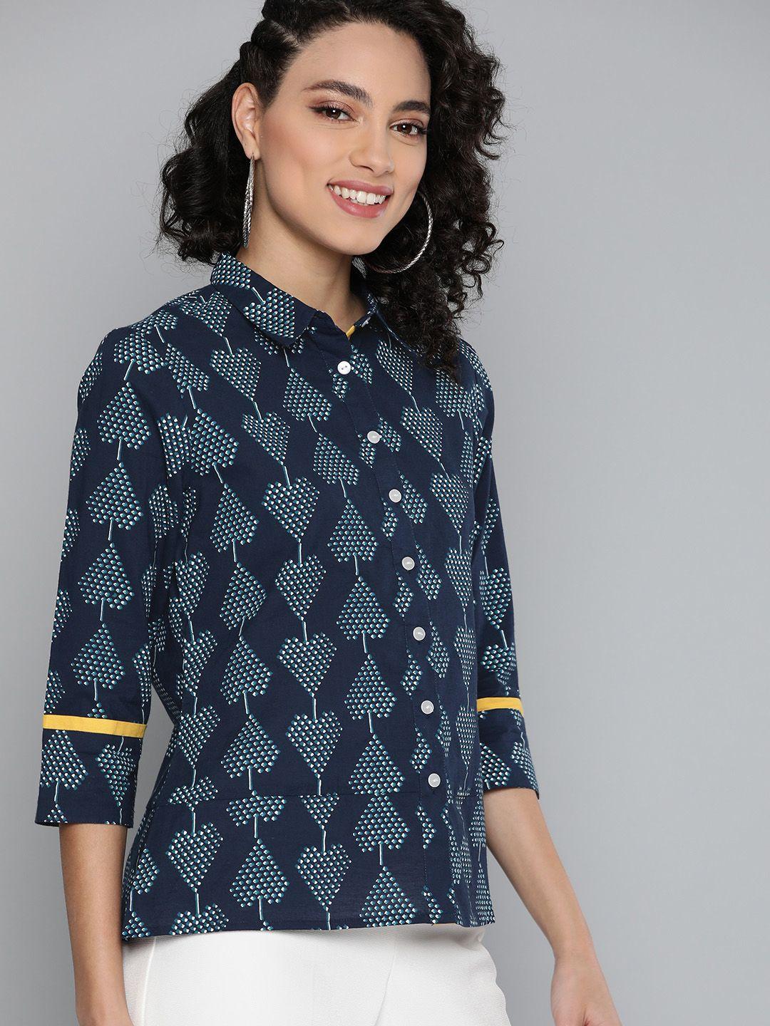 here&now women navy blue & white pure cotton heart shaped printed casual shirt