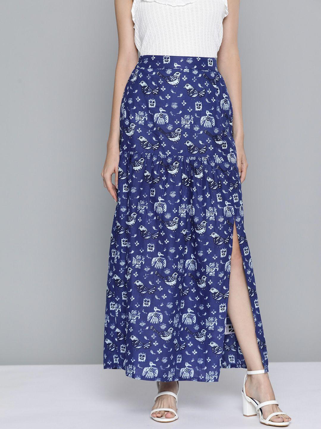 here&now women navy blue & white pure cotton printed maxi skirt